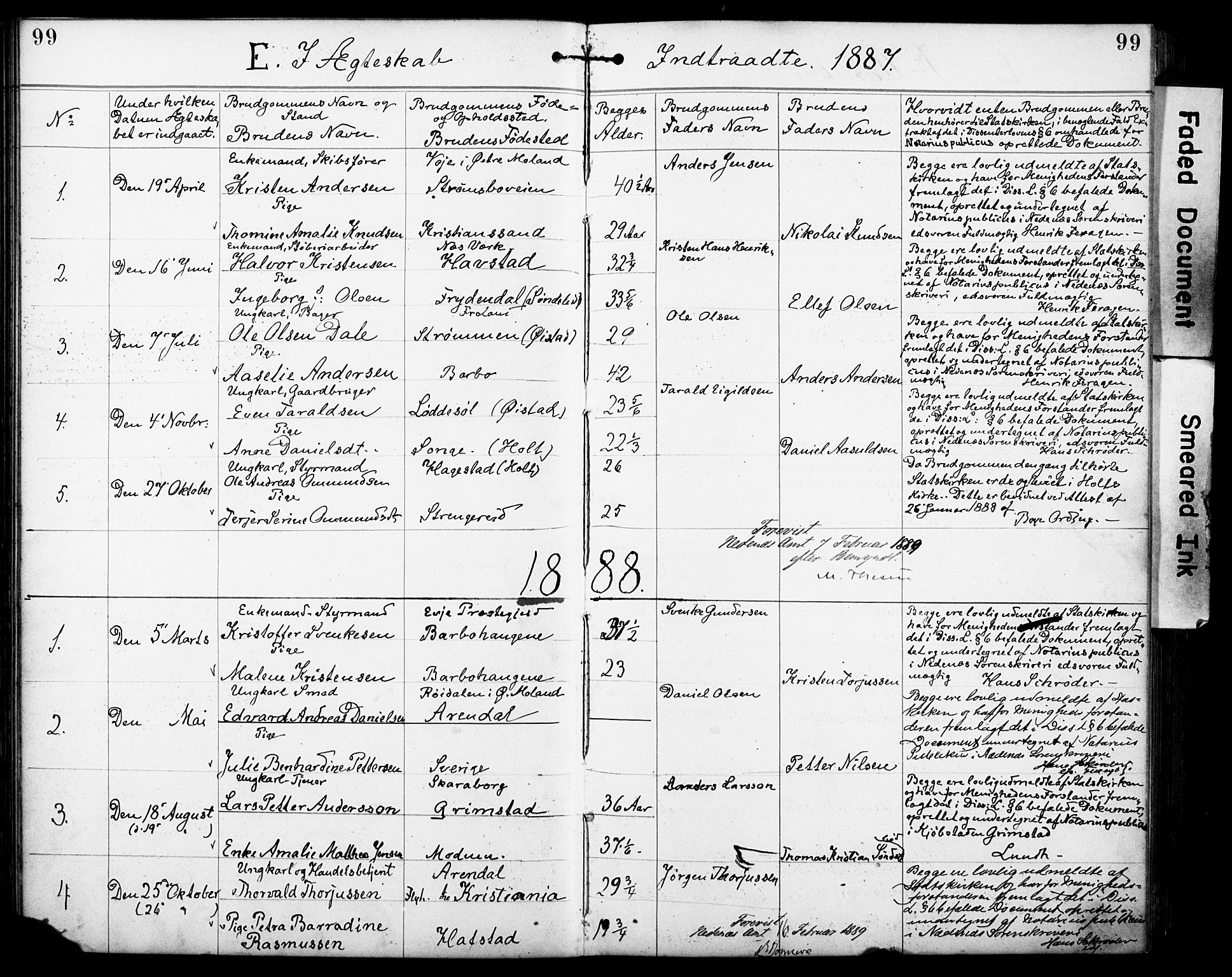 Den evangelisk-lutherske frimenighet, Arendal, AV/SAK-1292-0005/F/Fa/L0002: Dissenterprotokoll nr. F 6, 1884-1908, s. 99