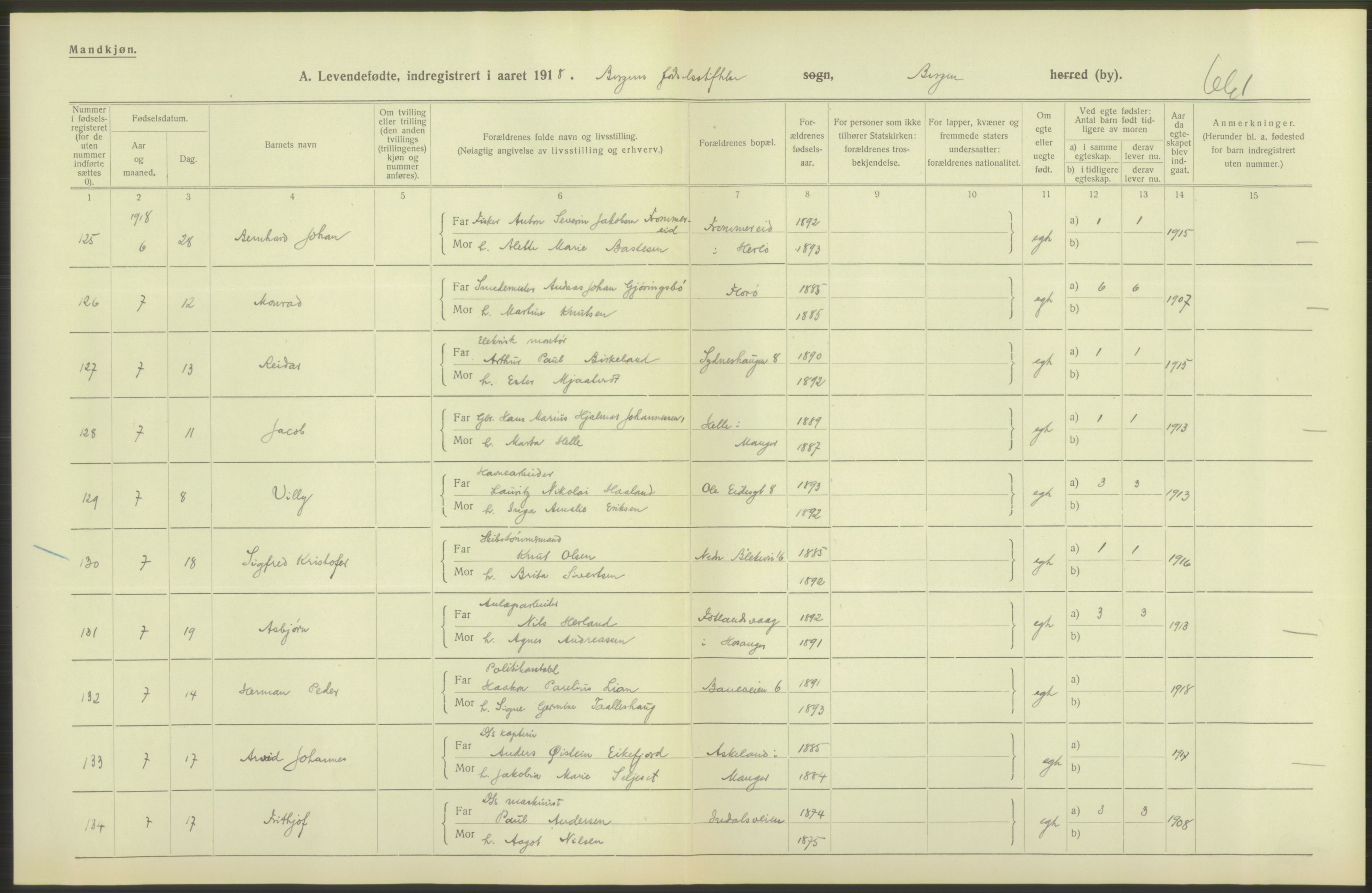 Statistisk sentralbyrå, Sosiodemografiske emner, Befolkning, AV/RA-S-2228/D/Df/Dfb/Dfbh/L0037: Bergen: Levendefødte menn og kvinner., 1918, s. 70