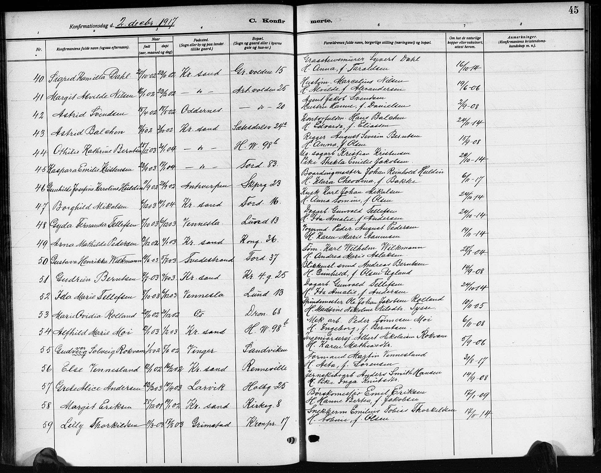 Kristiansand domprosti, AV/SAK-1112-0006/F/Fb/L0022: Klokkerbok nr. B 22, 1915-1925, s. 45