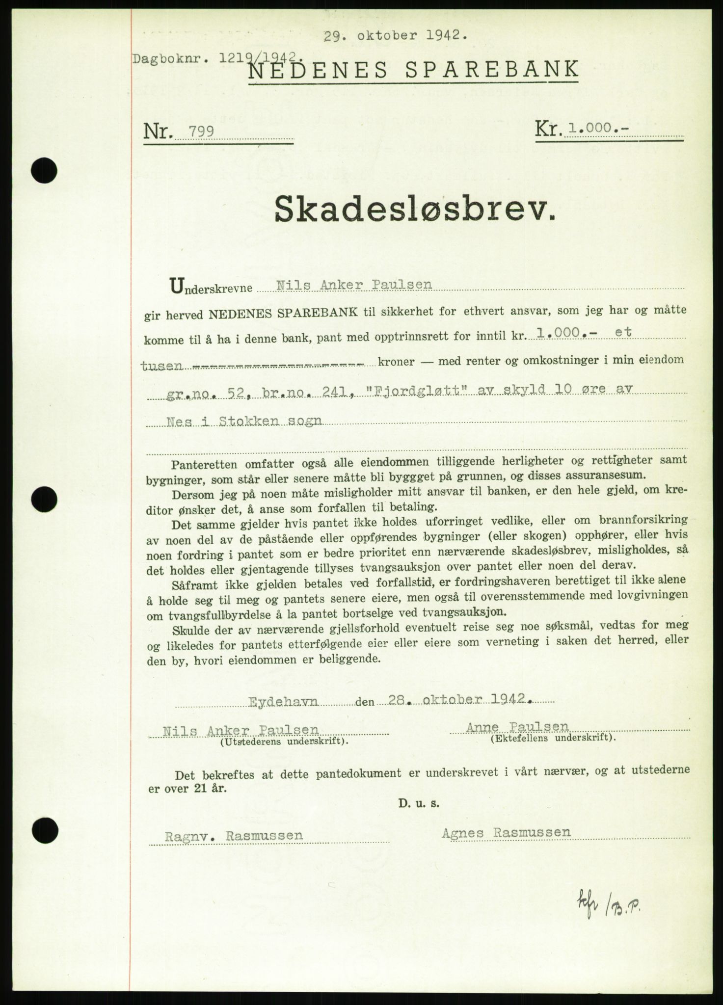 Nedenes sorenskriveri, SAK/1221-0006/G/Gb/Gbb/L0002: Pantebok nr. II, 1942-1945, Dagboknr: 1219/1942