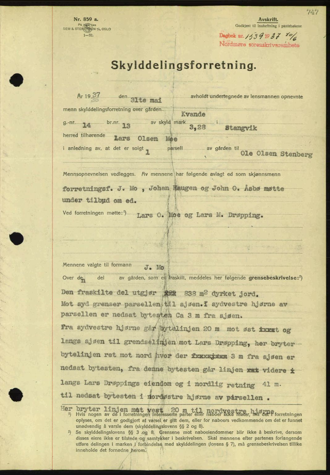 Nordmøre sorenskriveri, SAT/A-4132/1/2/2Ca: Pantebok nr. A81, 1937-1937, Dagboknr: 1539/1937