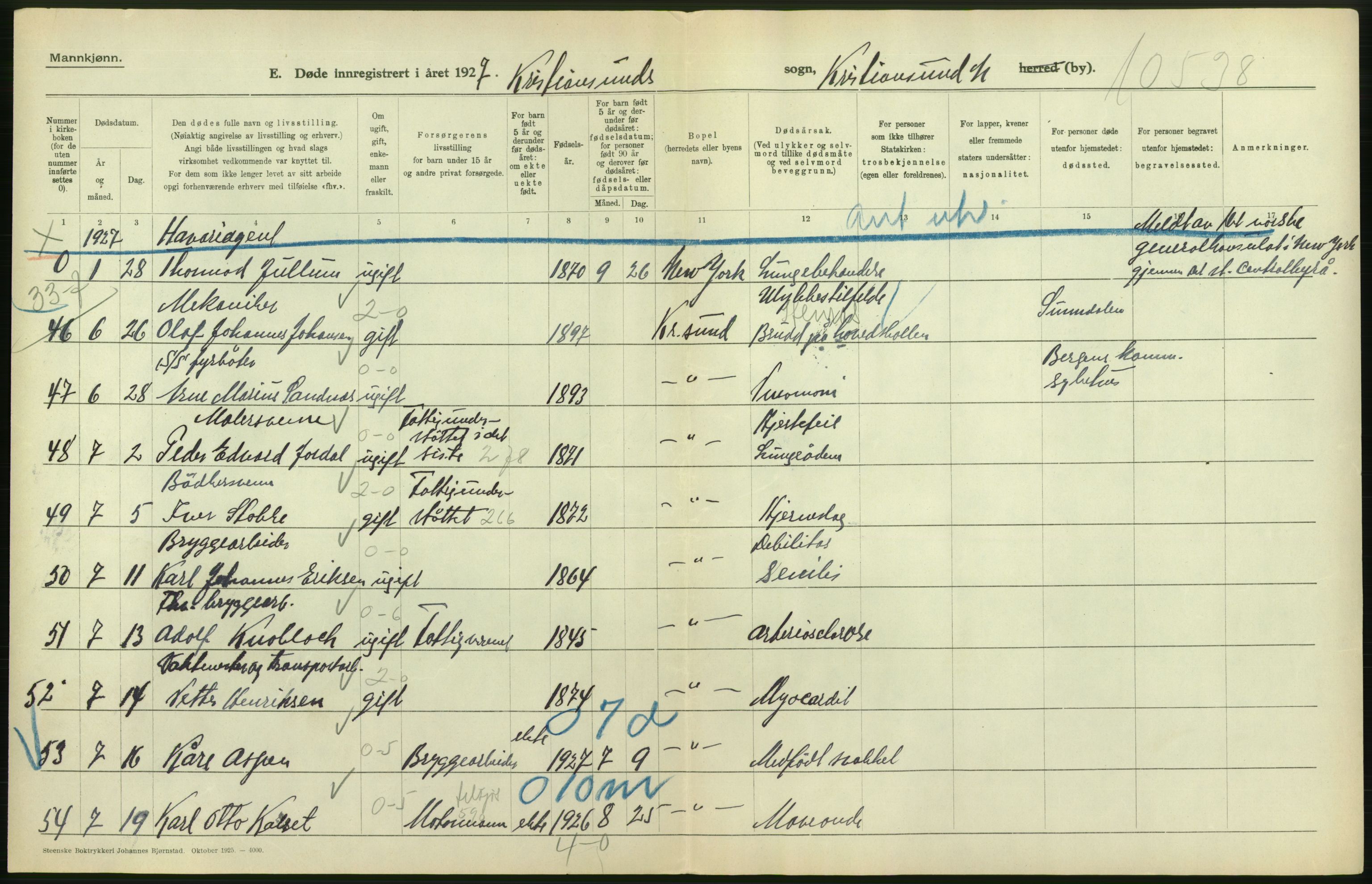 Statistisk sentralbyrå, Sosiodemografiske emner, Befolkning, AV/RA-S-2228/D/Df/Dfc/Dfcg/L0034: Møre fylke: Døde. Bygder og byer., 1927, s. 72