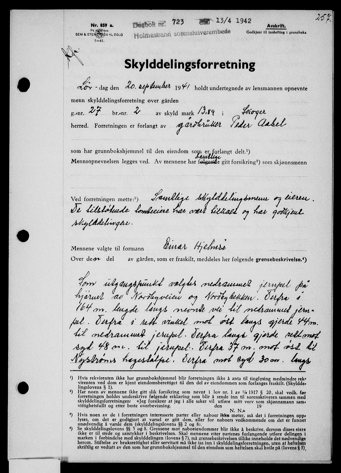 Holmestrand sorenskriveri, SAKO/A-67/G/Ga/Gaa/L0055: Pantebok nr. A-55, 1942-1942, Dagboknr: 723/1942