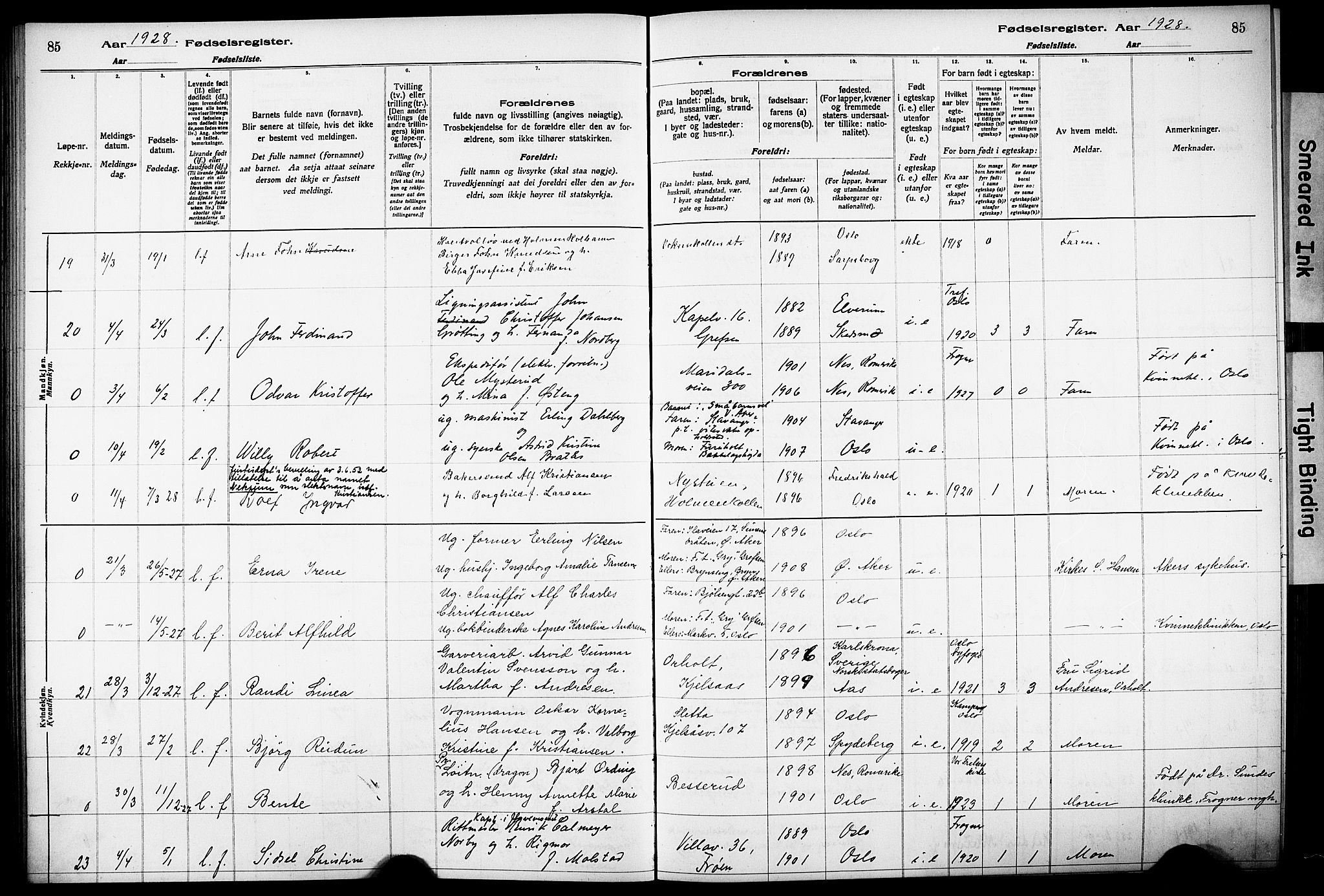 Vestre Aker prestekontor Kirkebøker, AV/SAO-A-10025/J/Ja/L0003: Fødselsregister nr. 3, 1926-1930, s. 85