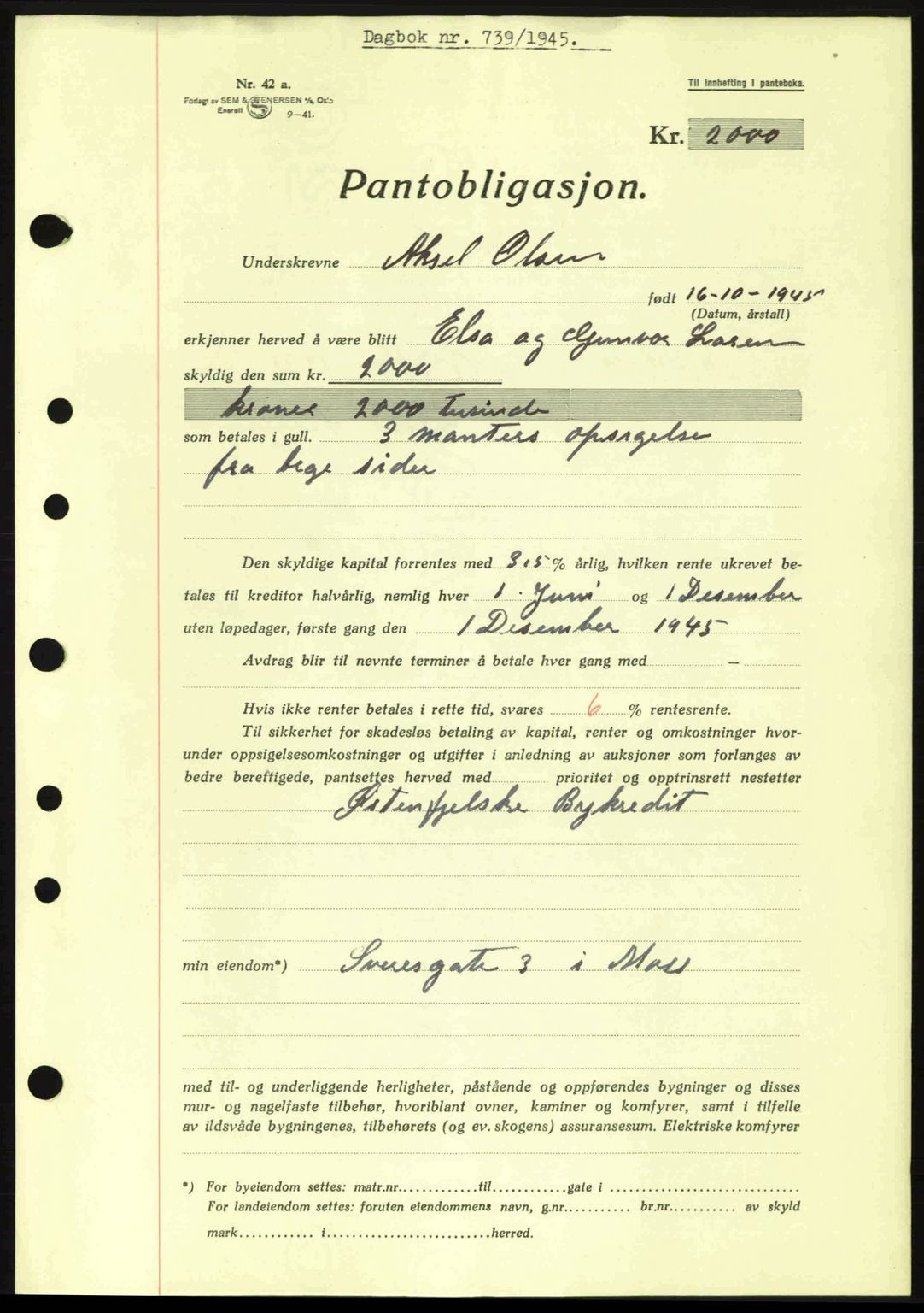 Moss sorenskriveri, SAO/A-10168: Pantebok nr. B13, 1943-1945, Dagboknr: 739/1945