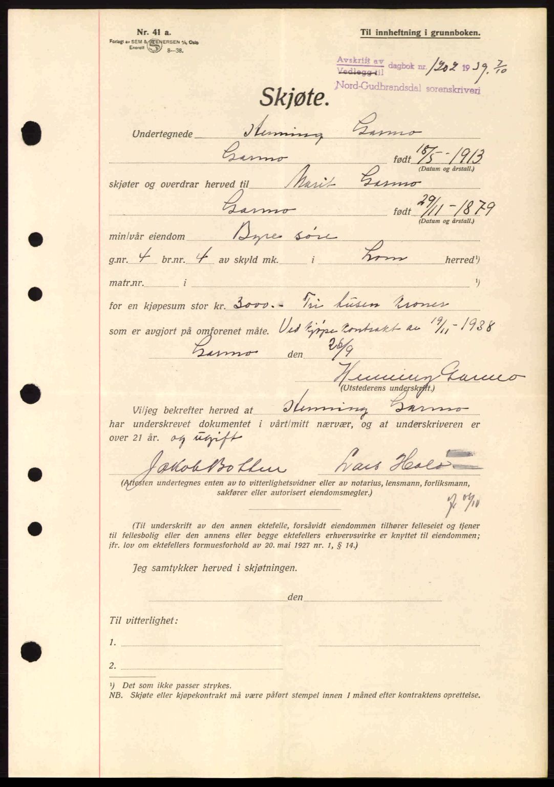 Nord-Gudbrandsdal tingrett, SAH/TING-002/H/Hb/Hbb/L0005: Pantebok nr. FA5, 1939-1940, Dagboknr: 1202/1939