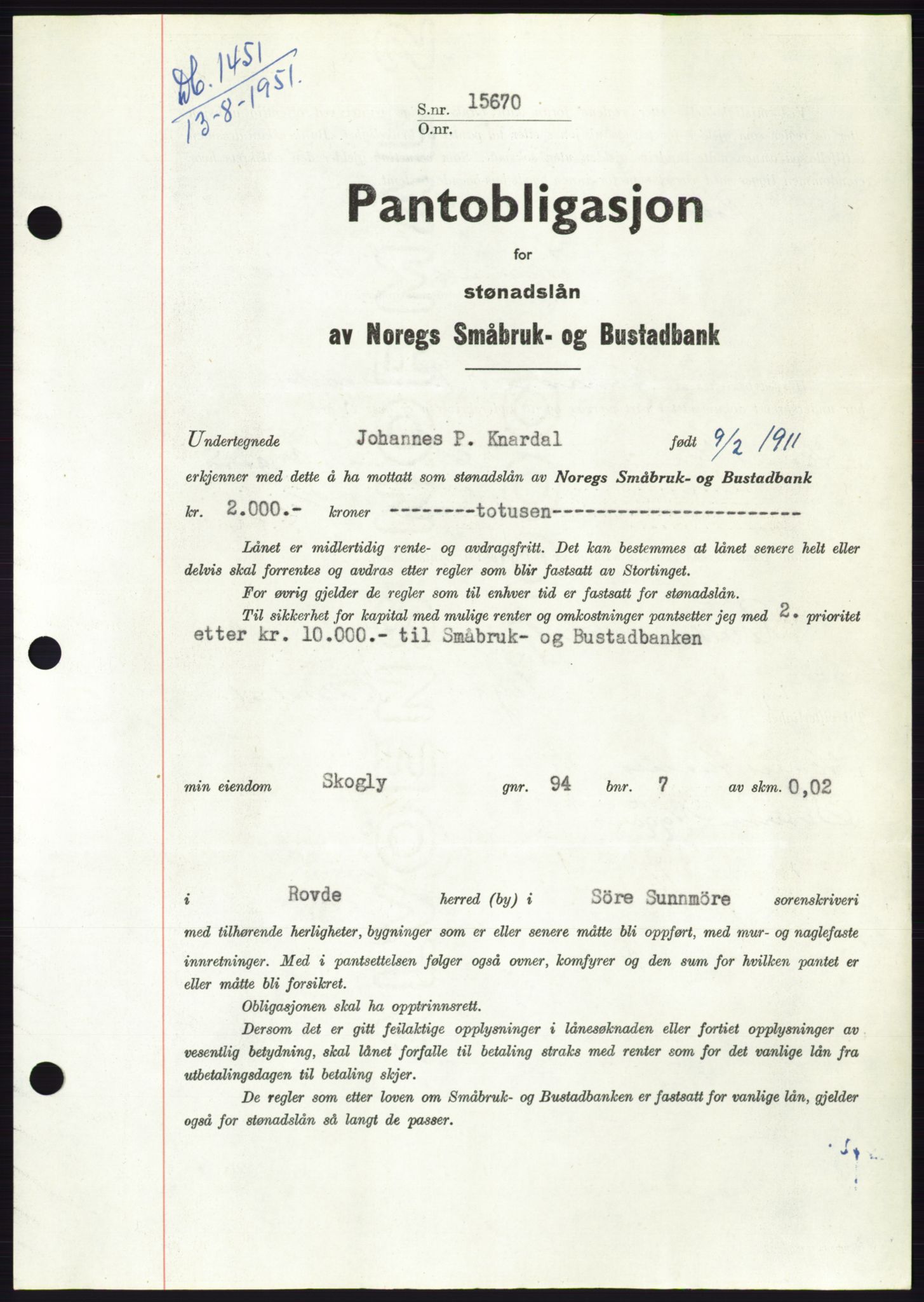 Søre Sunnmøre sorenskriveri, SAT/A-4122/1/2/2C/L0120: Pantebok nr. 8B, 1951-1951, Dagboknr: 1451/1951