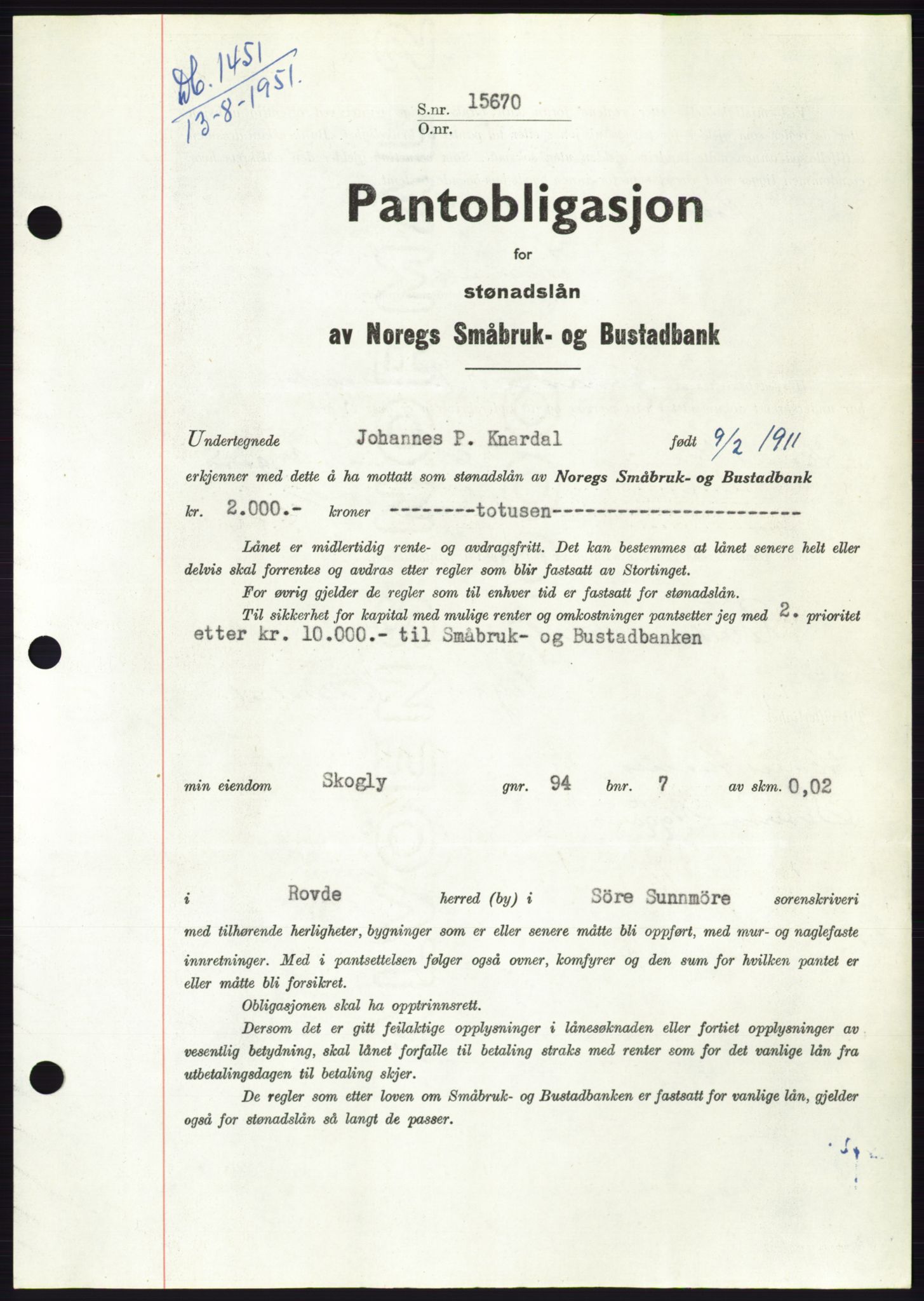 Søre Sunnmøre sorenskriveri, AV/SAT-A-4122/1/2/2C/L0120: Pantebok nr. 8B, 1951-1951, Dagboknr: 1451/1951