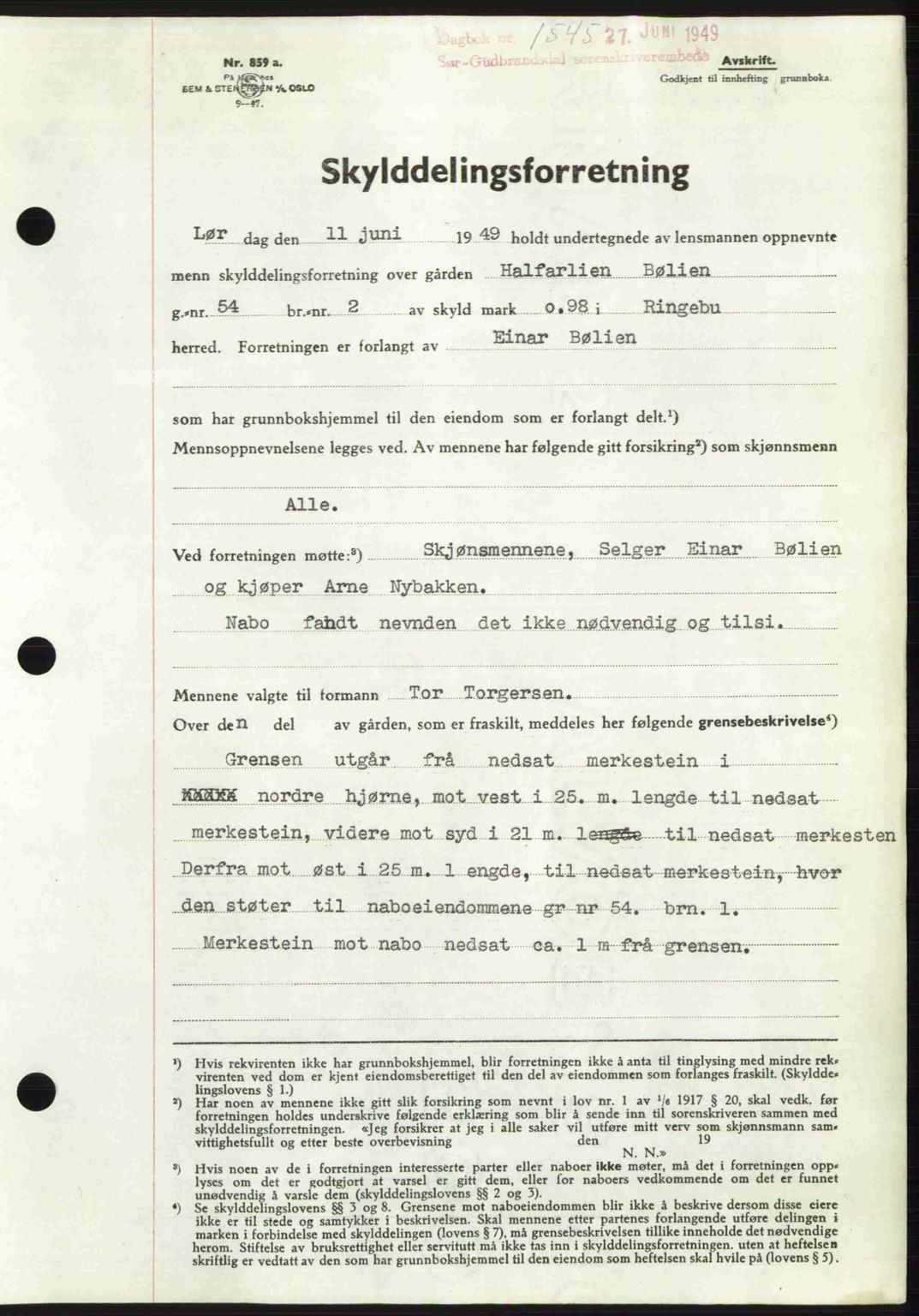Sør-Gudbrandsdal tingrett, SAH/TING-004/H/Hb/Hbd/L0025: Pantebok nr. A25, 1949-1949, Dagboknr: 1545/1949