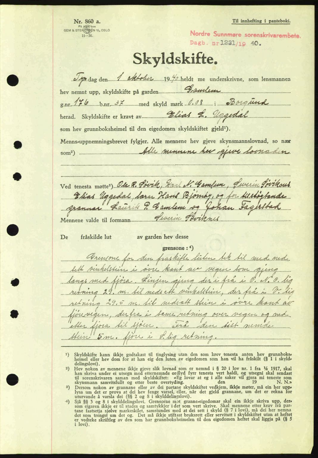 Nordre Sunnmøre sorenskriveri, AV/SAT-A-0006/1/2/2C/2Ca: Pantebok nr. A9, 1940-1940, Dagboknr: 1231/1940