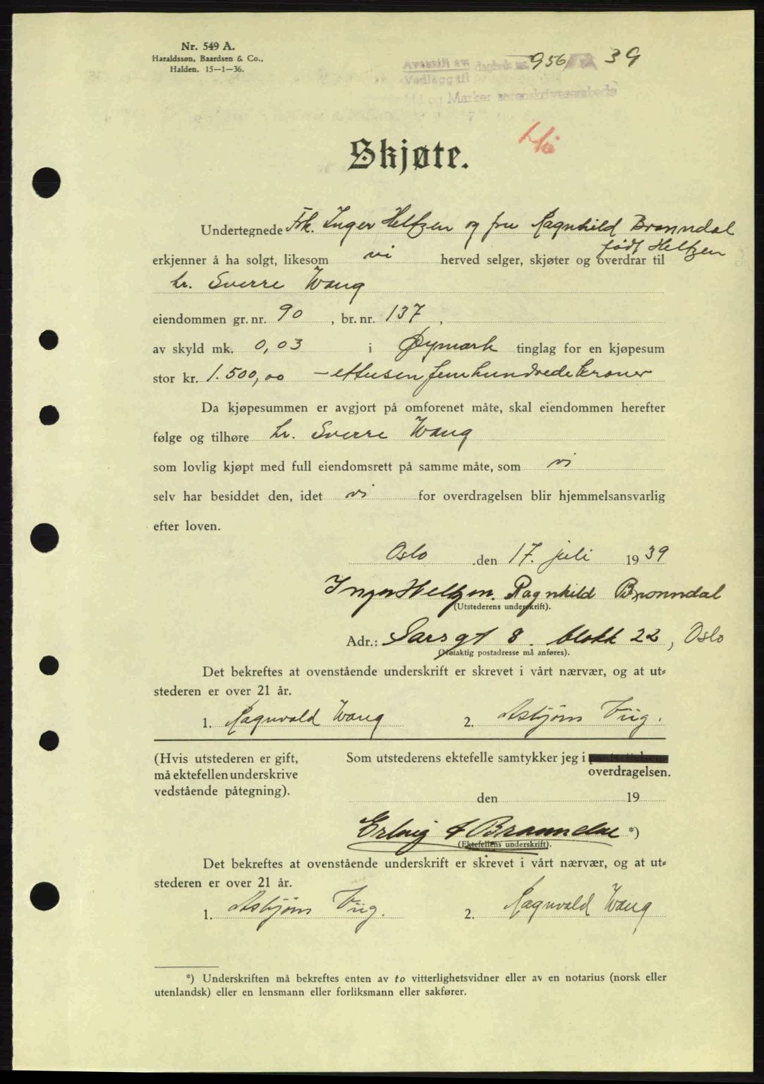 Idd og Marker sorenskriveri, AV/SAO-A-10283/G/Gb/Gbb/L0003: Pantebok nr. A3, 1938-1939, Dagboknr: 956/1939