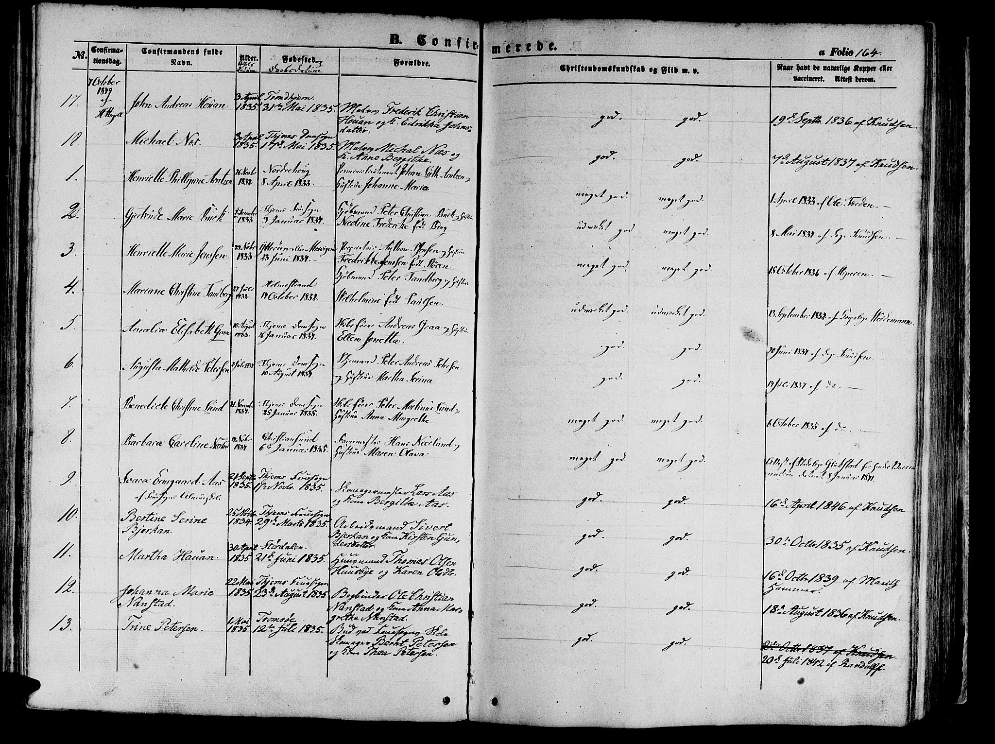Ministerialprotokoller, klokkerbøker og fødselsregistre - Sør-Trøndelag, SAT/A-1456/602/L0137: Klokkerbok nr. 602C05, 1846-1856, s. 164