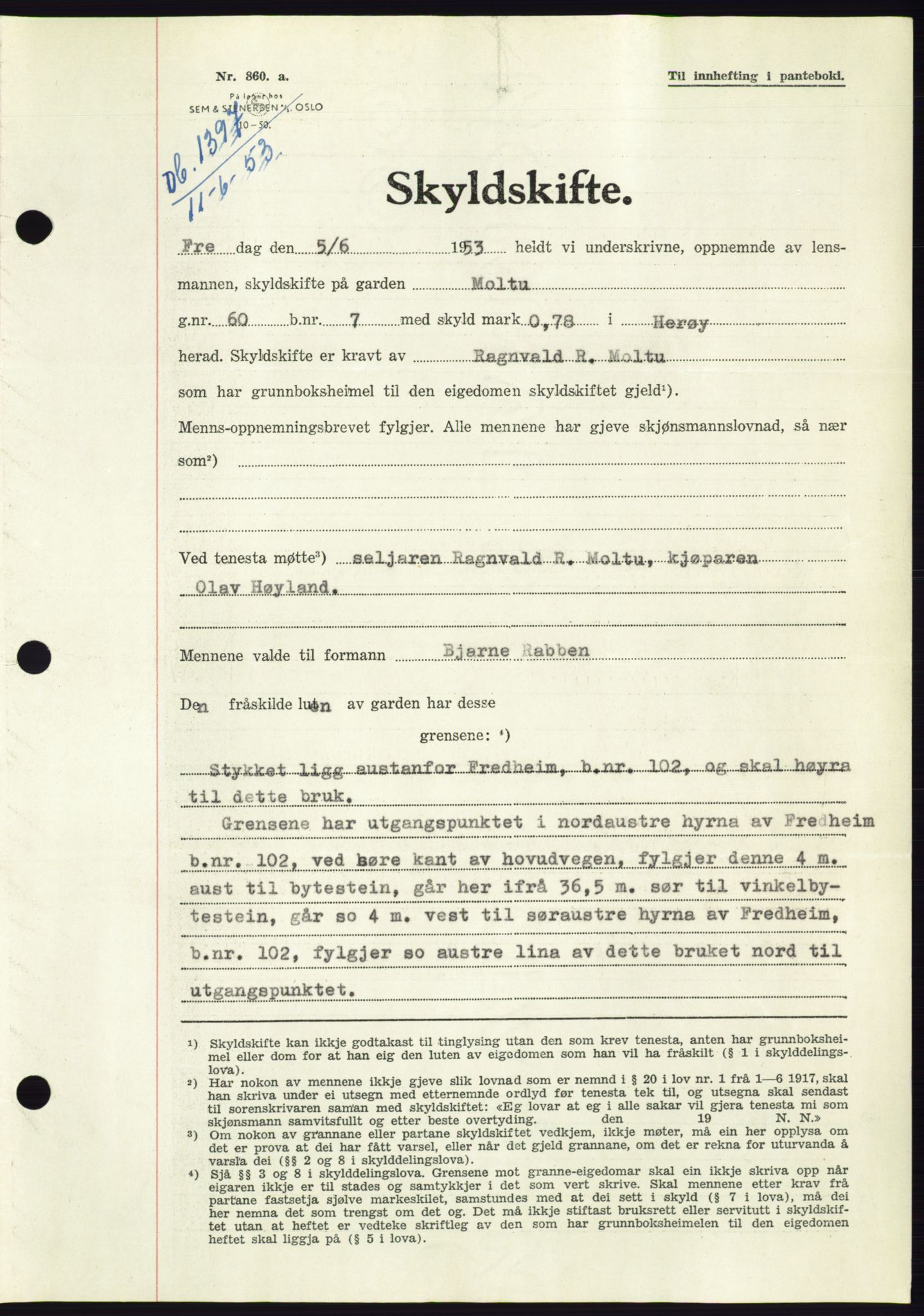 Søre Sunnmøre sorenskriveri, AV/SAT-A-4122/1/2/2C/L0095: Pantebok nr. 21A, 1953-1953, Dagboknr: 1397/1953