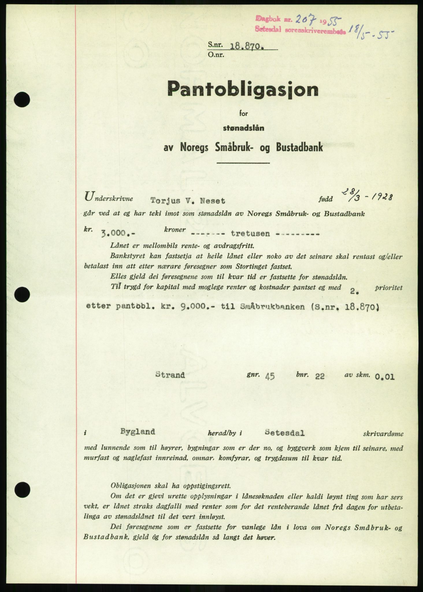 Setesdal sorenskriveri, SAK/1221-0011/G/Gb/L0052: Pantebok nr. B 40, 1954-1955, Dagboknr: 207/1955