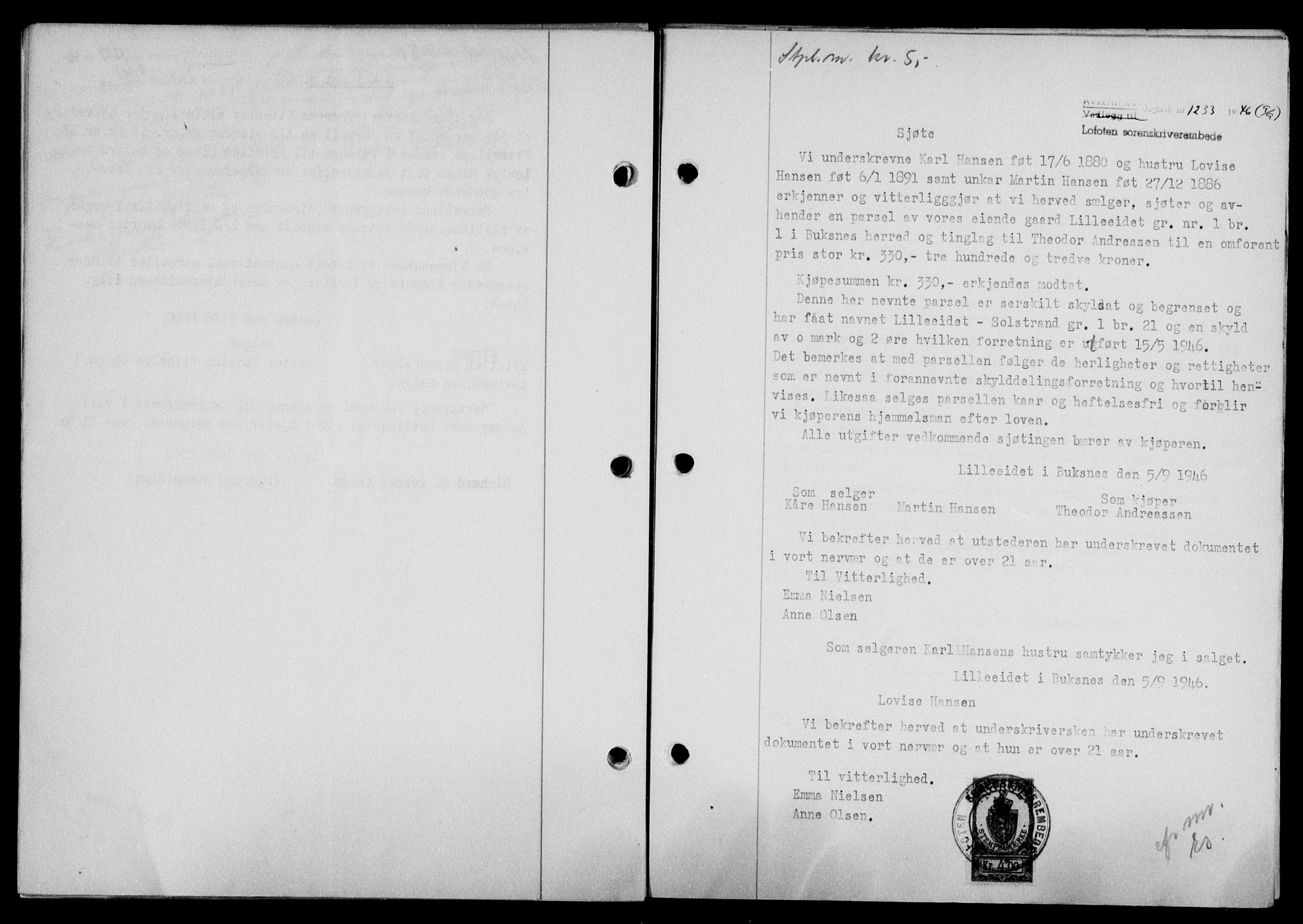 Lofoten sorenskriveri, SAT/A-0017/1/2/2C/L0014a: Pantebok nr. 14a, 1946-1946, Dagboknr: 1233/1946