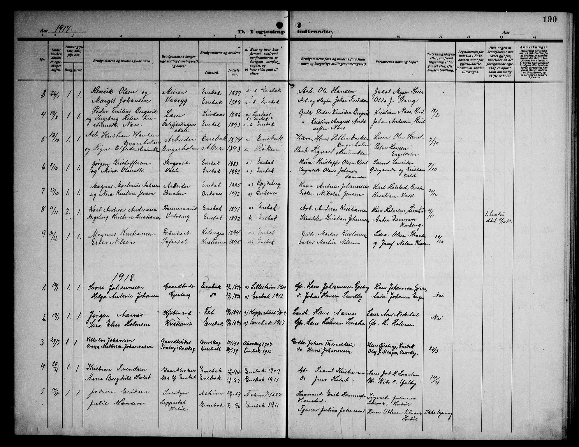 Enebakk prestekontor Kirkebøker, AV/SAO-A-10171c/G/Ga/L0007: Klokkerbok nr. I 7, 1911-1949, s. 190