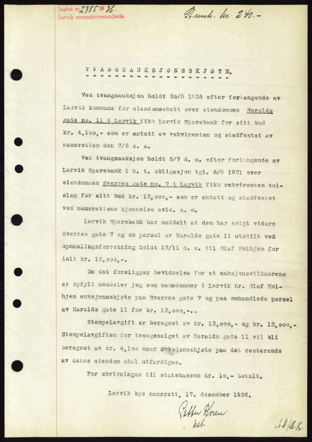 Larvik sorenskriveri, SAKO/A-83/G/Ga/Gab/L0067: Pantebok nr. A-1, 1936-1937, Dagboknr: 2385/1936