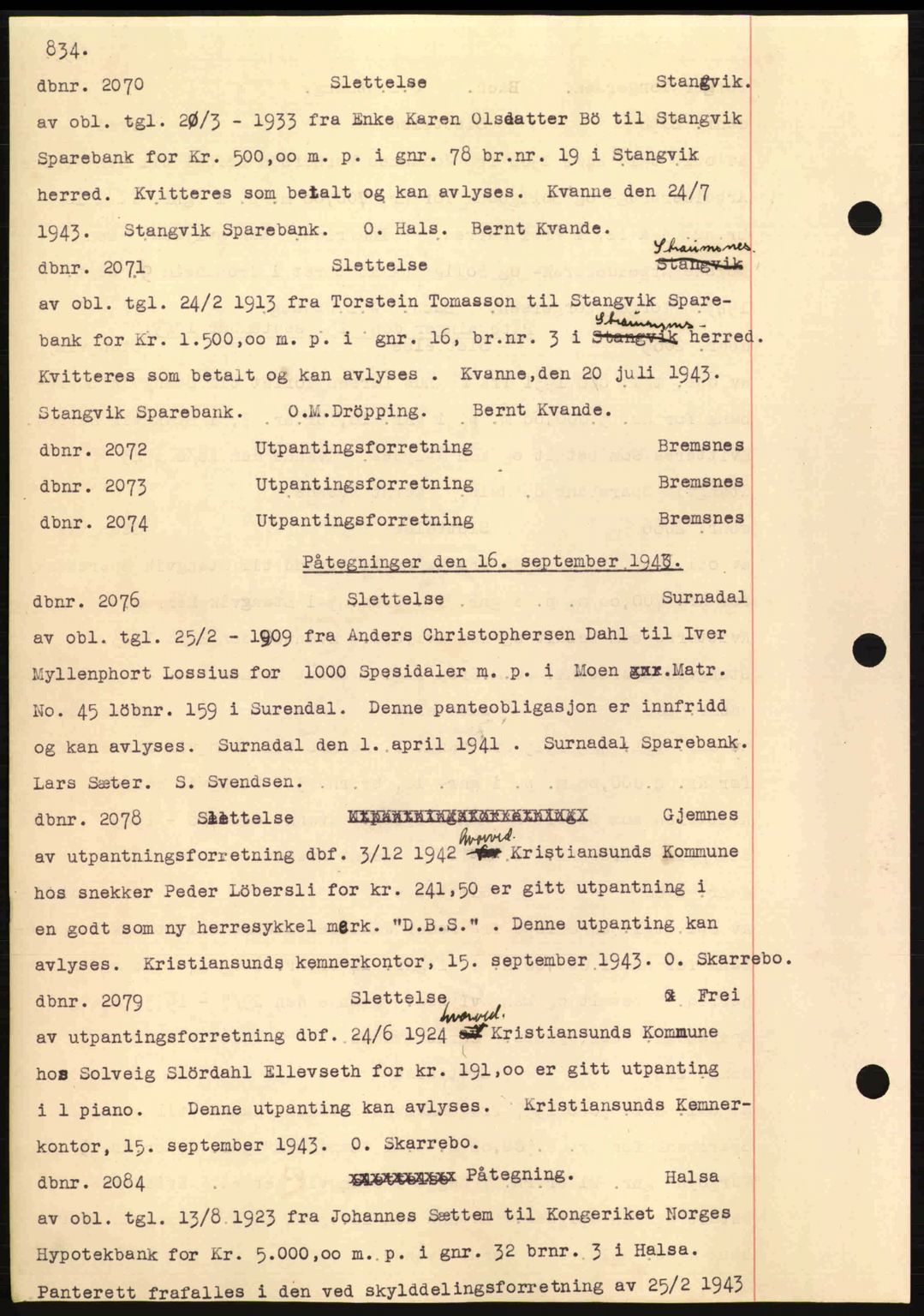 Nordmøre sorenskriveri, AV/SAT-A-4132/1/2/2Ca: Pantebok nr. C81, 1940-1945, Dagboknr: 2070/1943