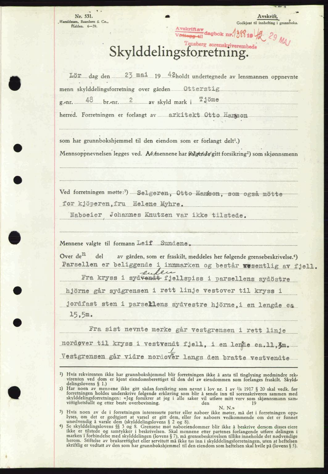 Tønsberg sorenskriveri, AV/SAKO-A-130/G/Ga/Gaa/L0011: Pantebok nr. A11, 1941-1942, Dagboknr: 1388/1942