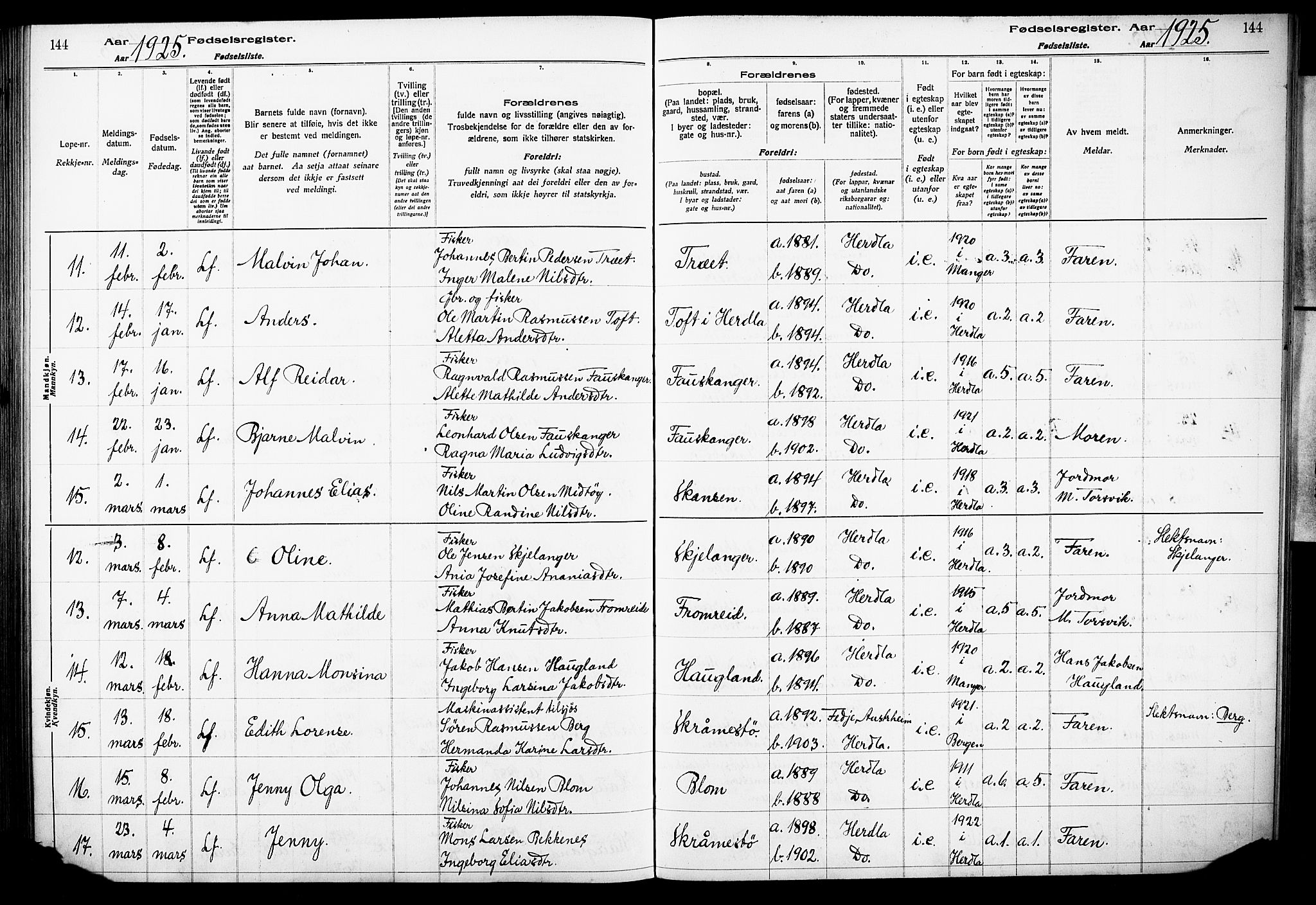 Herdla Sokneprestembete, AV/SAB-A-75701/I/Id/L00A1: Fødselsregister nr. A 1, 1916-1929, s. 144