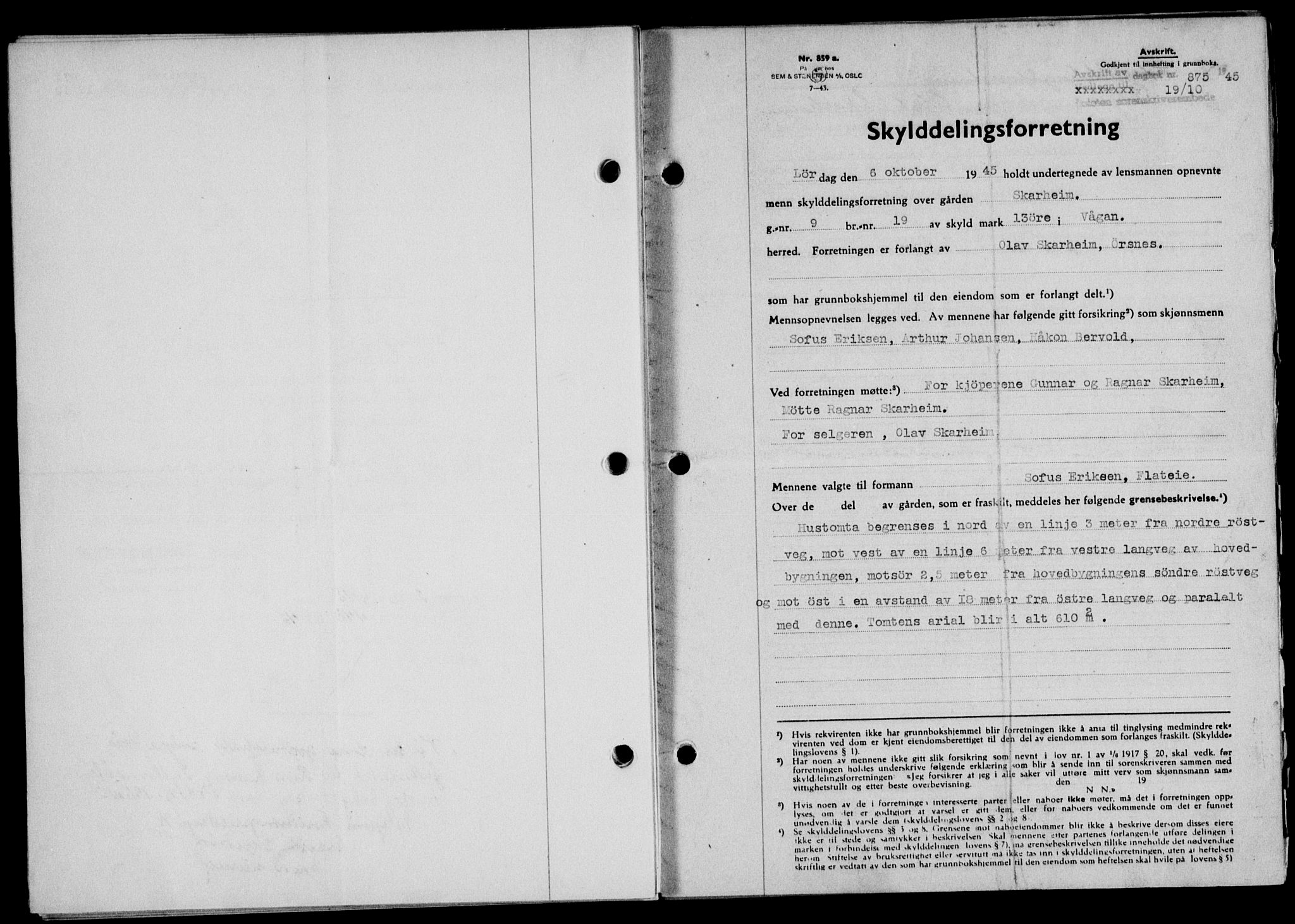 Lofoten sorenskriveri, SAT/A-0017/1/2/2C/L0013a: Pantebok nr. 13a, 1944-1946, Dagboknr: 875/1945