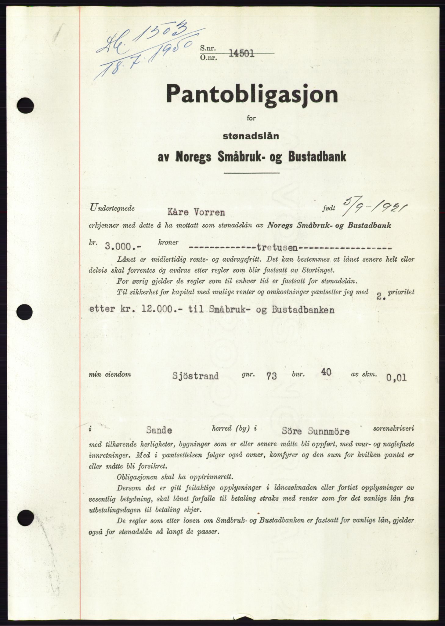 Søre Sunnmøre sorenskriveri, SAT/A-4122/1/2/2C/L0119: Pantebok nr. 7B, 1950-1951, Dagboknr: 1503/1950