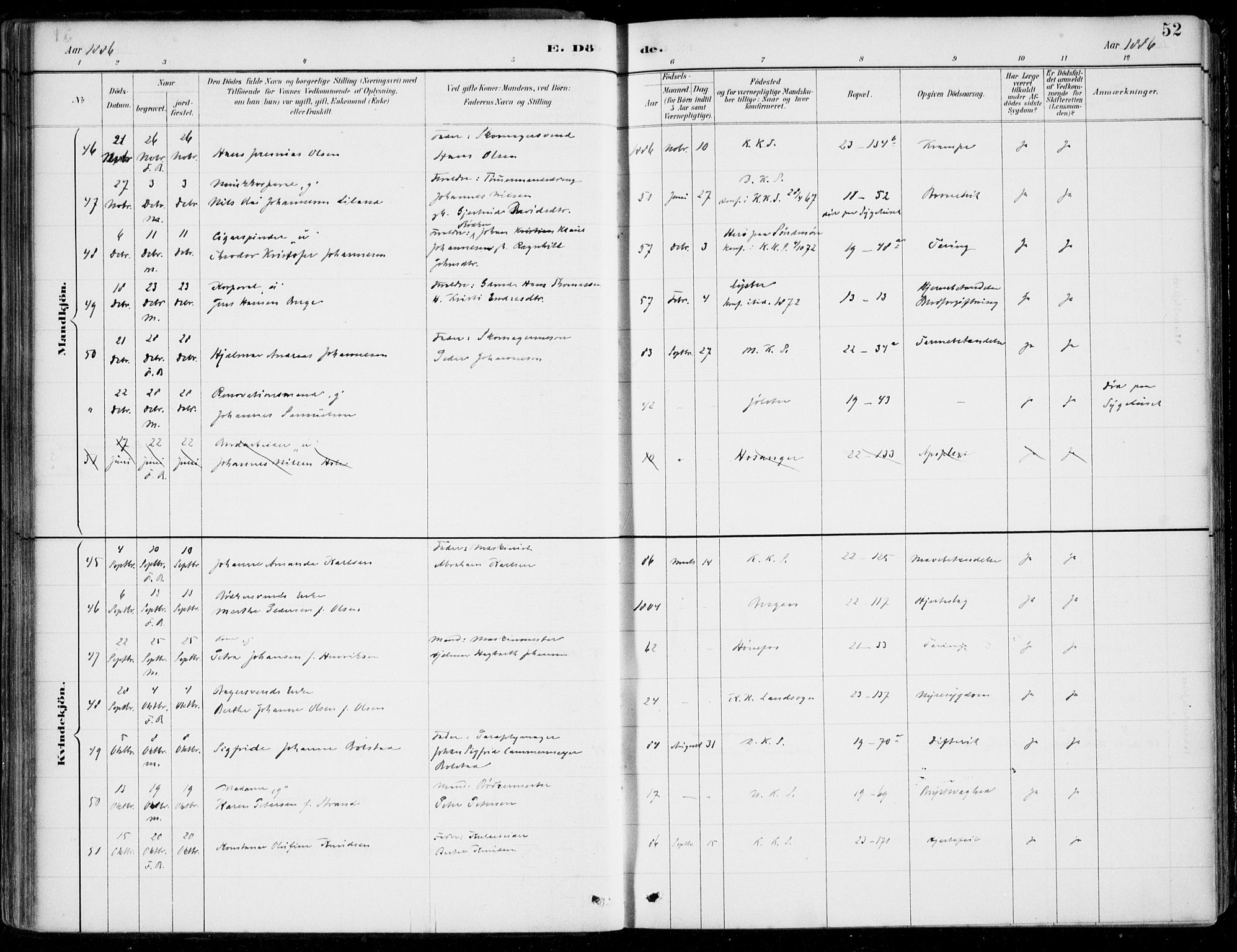 Korskirken sokneprestembete, AV/SAB-A-76101/H/Hab: Klokkerbok nr. E 4, 1884-1910, s. 52