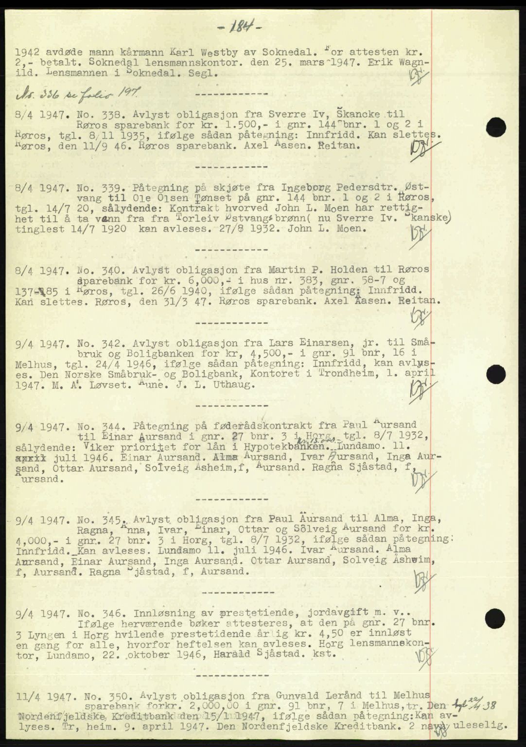 Gauldal sorenskriveri, SAT/A-0014/1/2/2C: Pantebok nr. A3, 1947-1947, Dagboknr: 338/1947