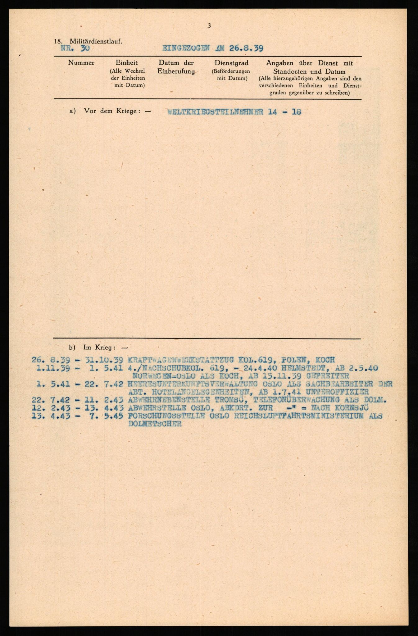 Forsvaret, Forsvarets overkommando II, RA/RAFA-3915/D/Db/L0029: CI Questionaires. Tyske okkupasjonsstyrker i Norge. Tyskere., 1945-1946, s. 127