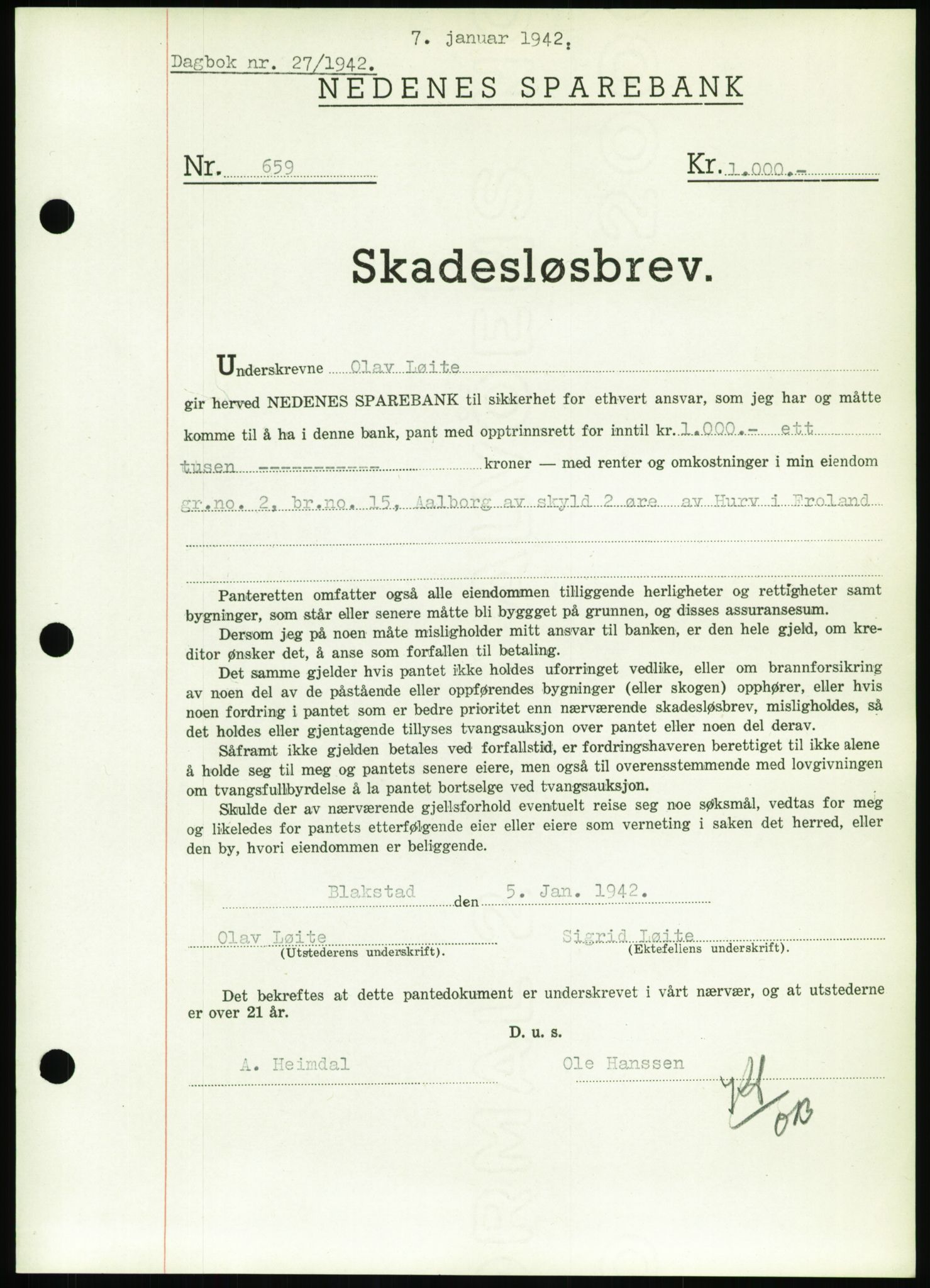 Nedenes sorenskriveri, SAK/1221-0006/G/Gb/Gbb/L0001: Pantebok nr. I, 1939-1942, Dagboknr: 27/1942