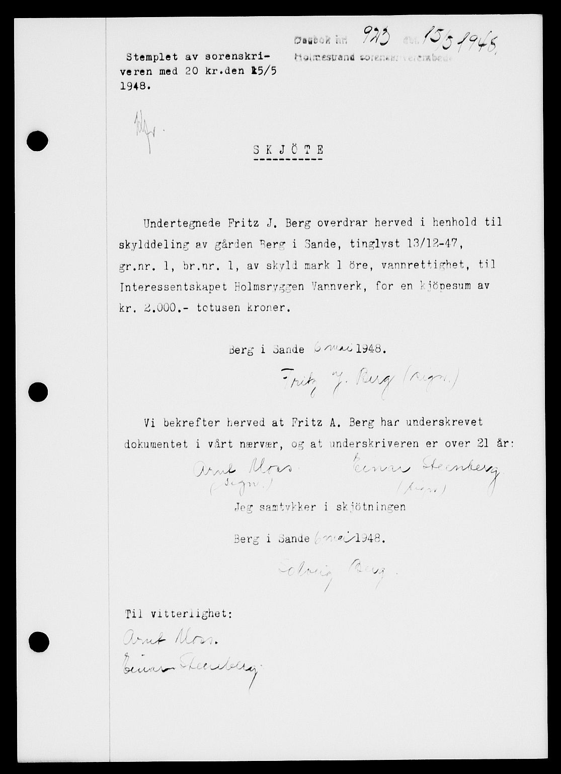 Holmestrand sorenskriveri, SAKO/A-67/G/Ga/Gaa/L0064: Pantebok nr. A-64, 1948-1948, Dagboknr: 923/1948