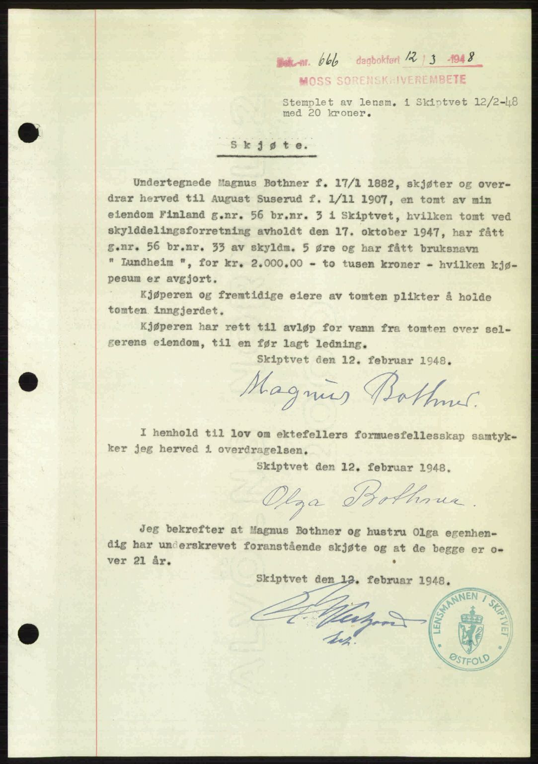 Moss sorenskriveri, SAO/A-10168: Pantebok nr. A2, 1947-1950, Dagboknr: 666/1948