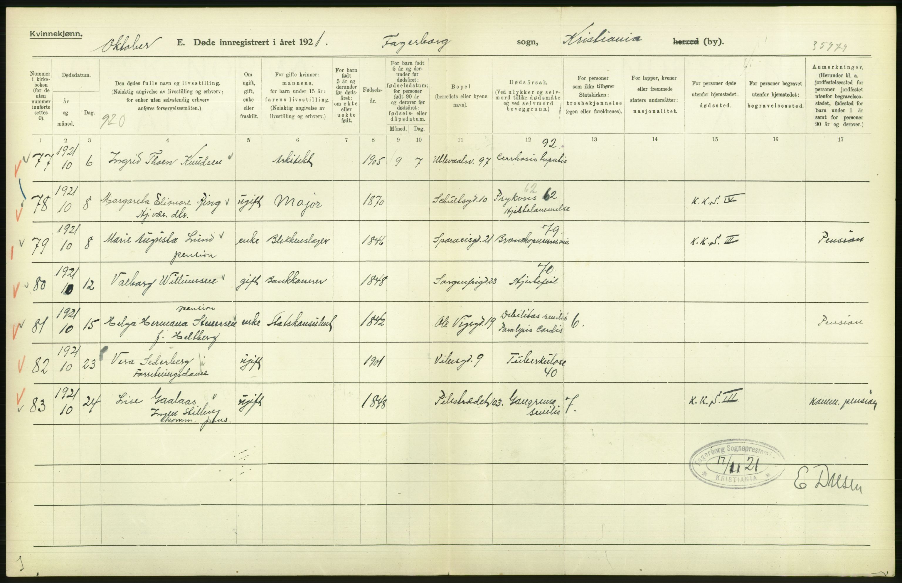 Statistisk sentralbyrå, Sosiodemografiske emner, Befolkning, AV/RA-S-2228/D/Df/Dfc/Dfca/L0012: Kristiania: Døde, 1921, s. 338