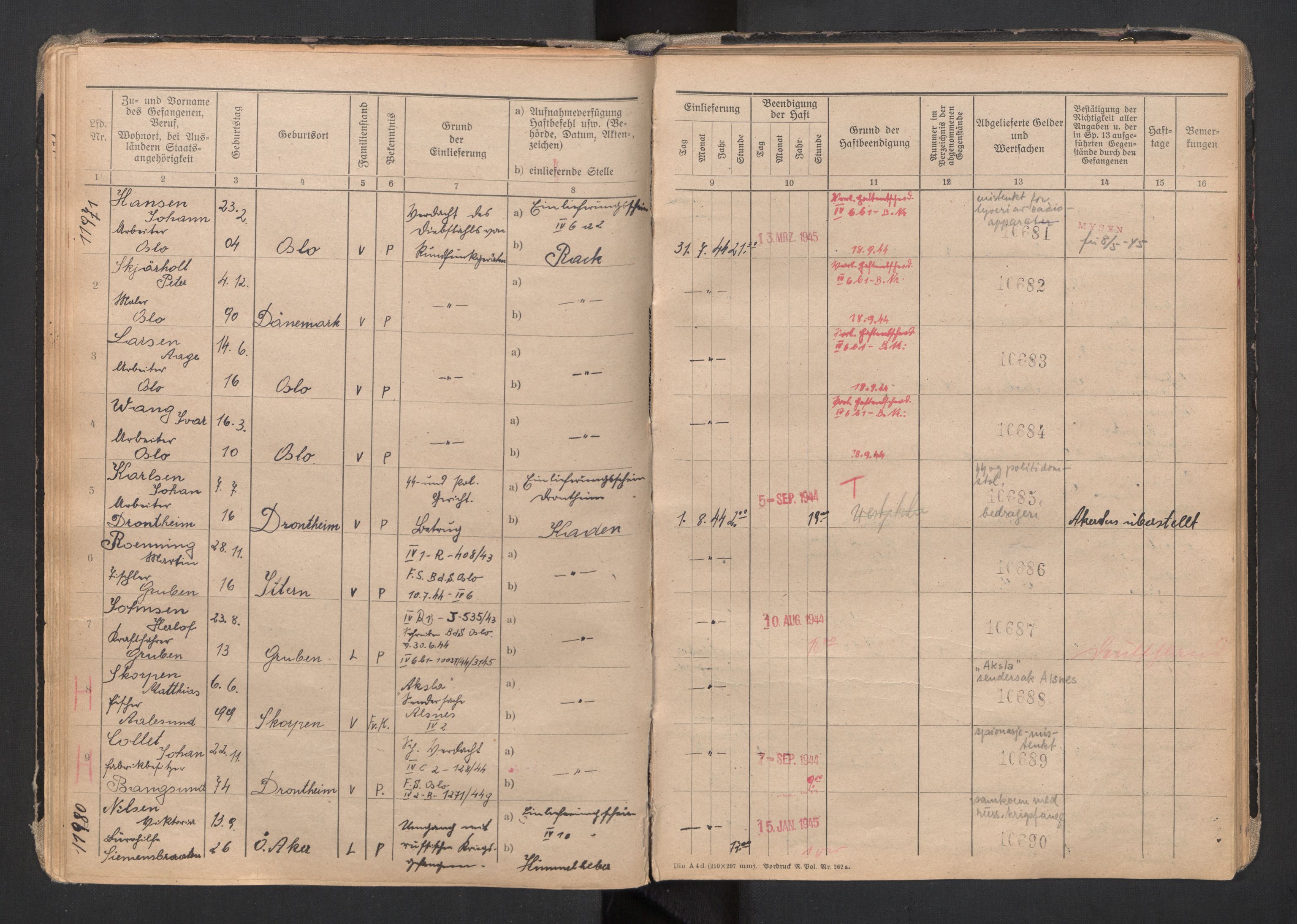 Befehlshaber der Sicherheitspolizei und des SD, AV/RA-RAFA-5969/F/Fa/Faa/L0007: Fangeprotokoll. - Gefangenen-Buch B. Fangenr. 11481-12000 og 13061-13930., 1944