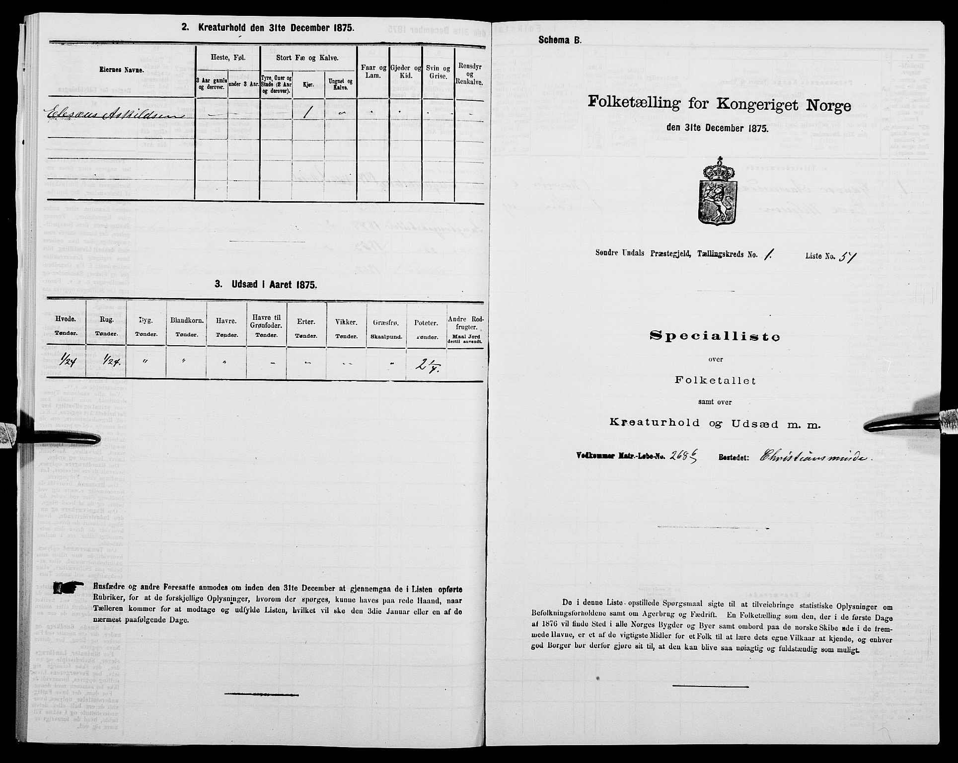 SAK, Folketelling 1875 for 1029P Sør-Audnedal prestegjeld, 1875, s. 195