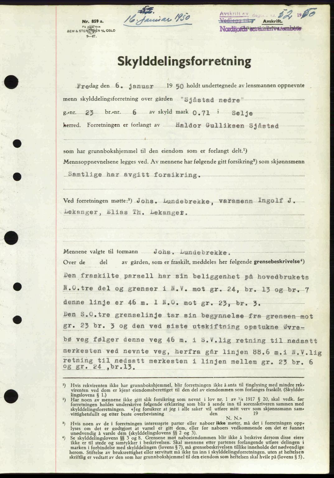 Nordfjord sorenskriveri, SAB/A-2801/02/02b/02bj/L0016a: Pantebok nr. A16 I, 1949-1950, Dagboknr: 52/1950