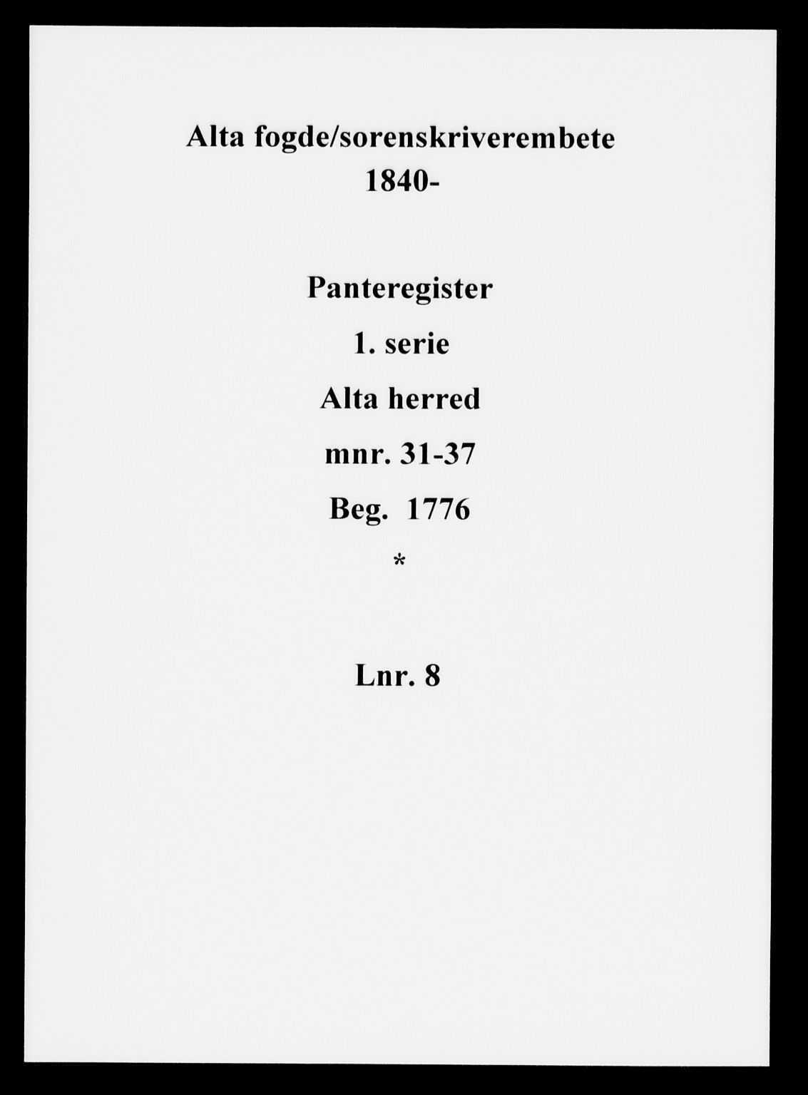 Alta fogderi/sorenskriveri, SATØ/SATØ-5/1/K/Kb/Kba/L0008pantereg: Panteregister nr. 8, 1776