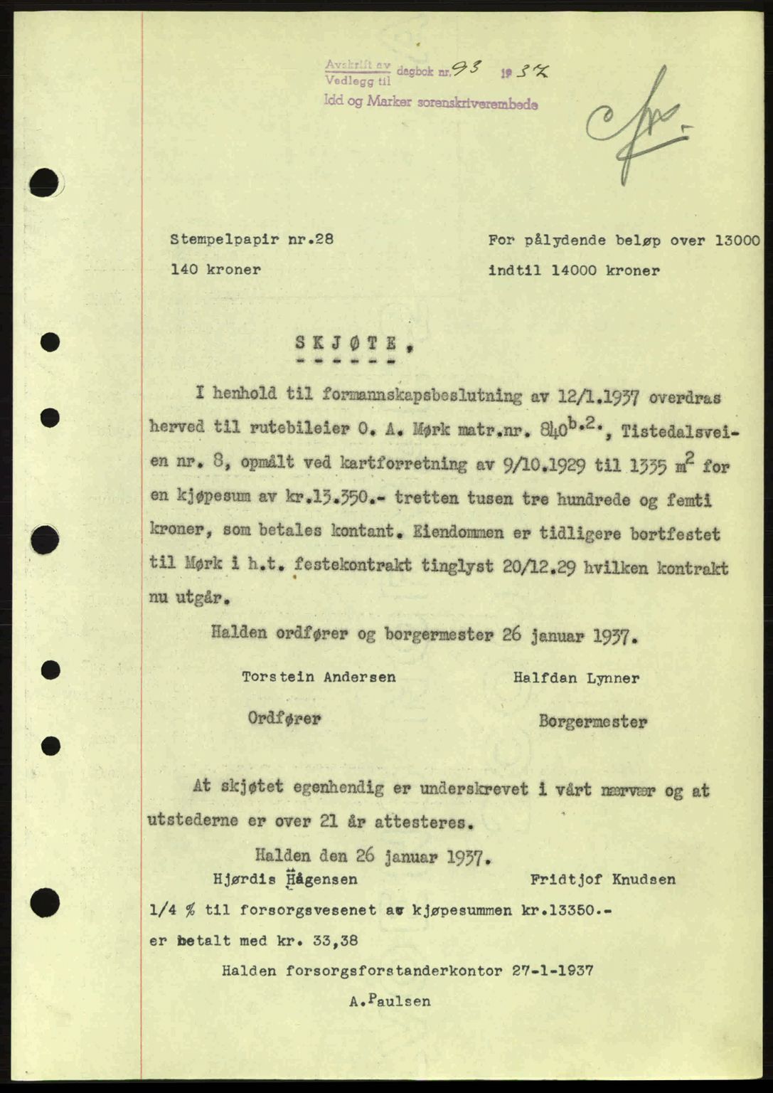 Idd og Marker sorenskriveri, AV/SAO-A-10283/G/Gb/Gbb/L0001: Pantebok nr. A1, 1936-1937, Dagboknr: 93/1937