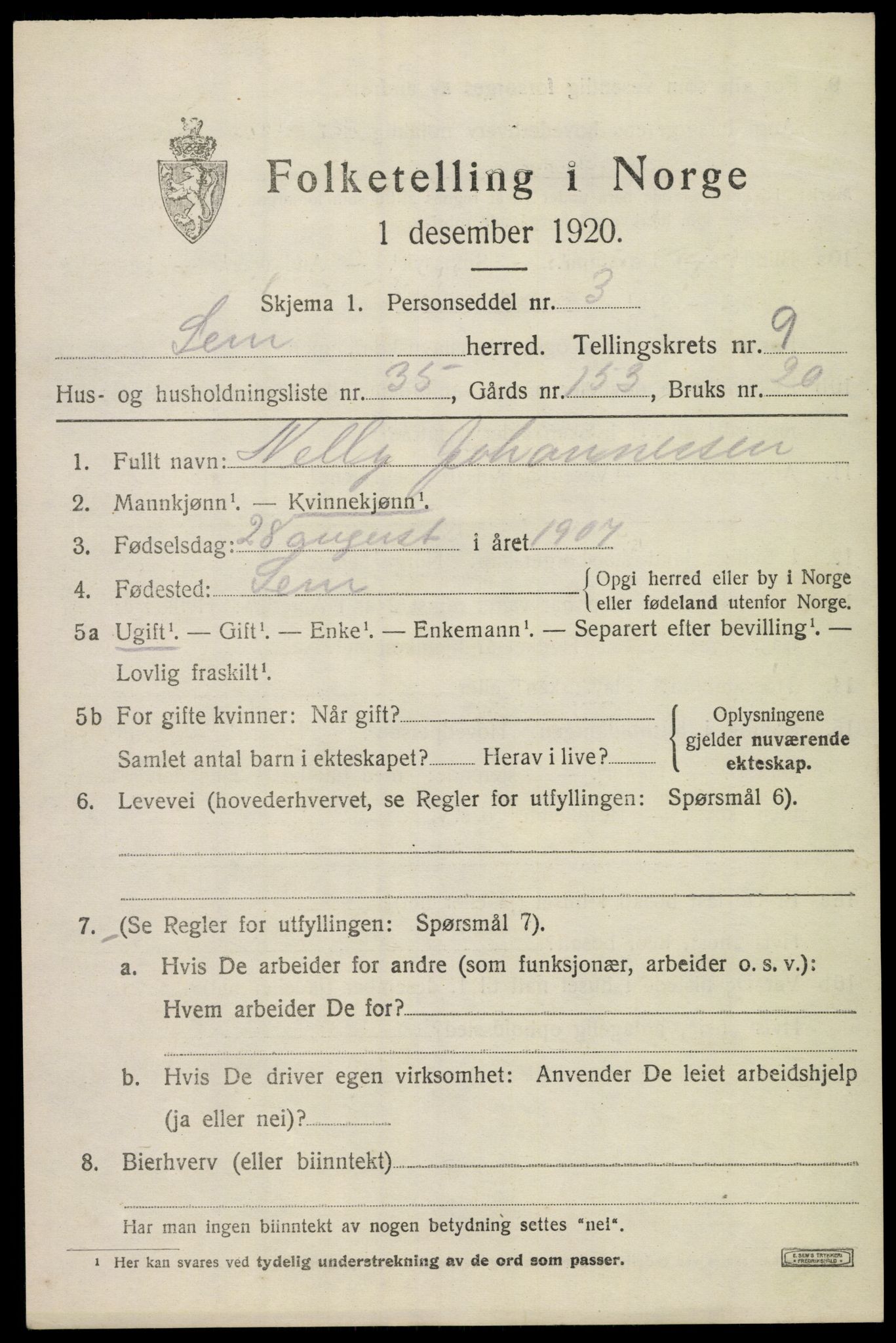 SAKO, Folketelling 1920 for 0721 Sem herred, 1920, s. 12945