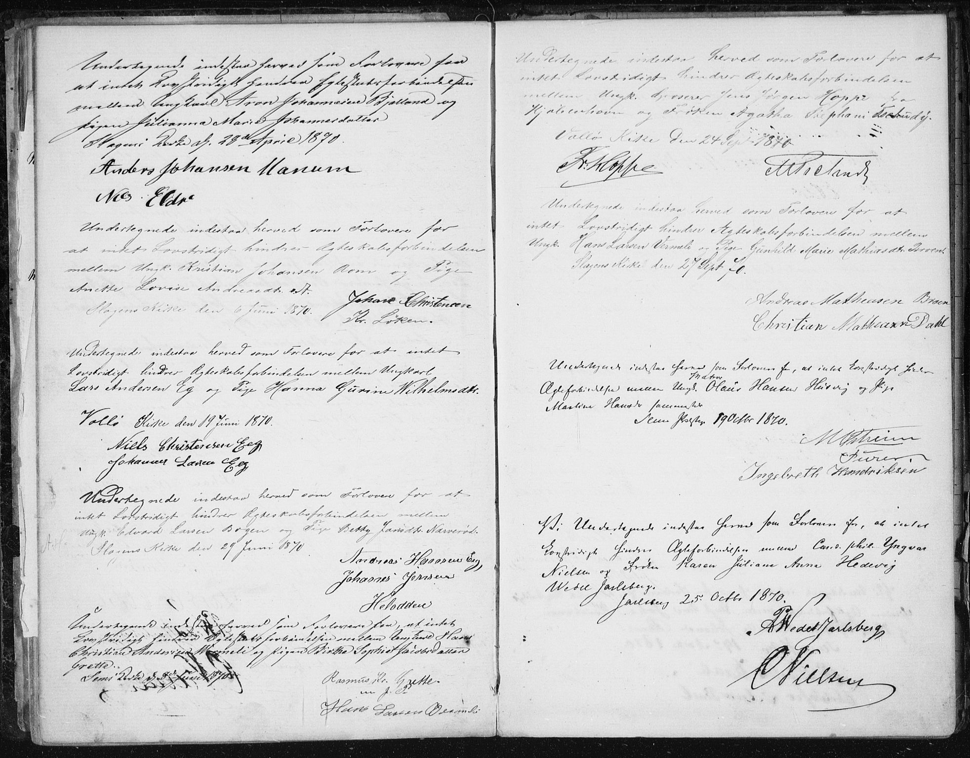 Sem kirkebøker, AV/SAKO-A-5/Y/Ya/L0002: Forlovererklæringer nr. 2, 1864-1894
