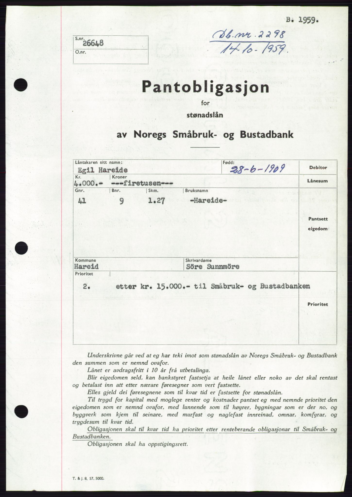 Søre Sunnmøre sorenskriveri, SAT/A-4122/1/2/2C/L0133: Pantebok nr. 21B, 1959-1959, Dagboknr: 2298/1959