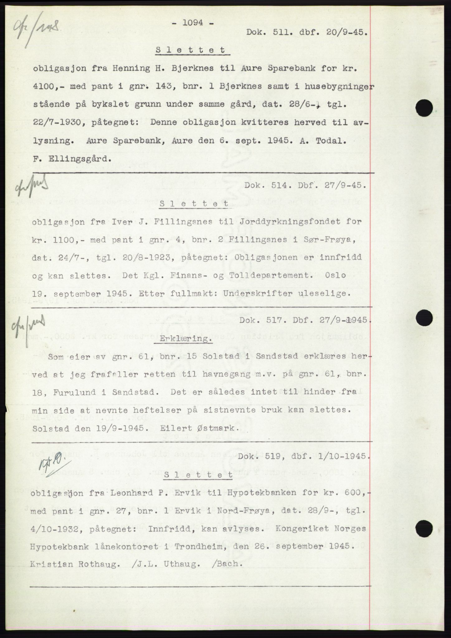 Hitra sorenskriveri, AV/SAT-A-0018/2/2C/2Ca: Pantebok nr. C1, 1936-1945, Dagboknr: 511/1945