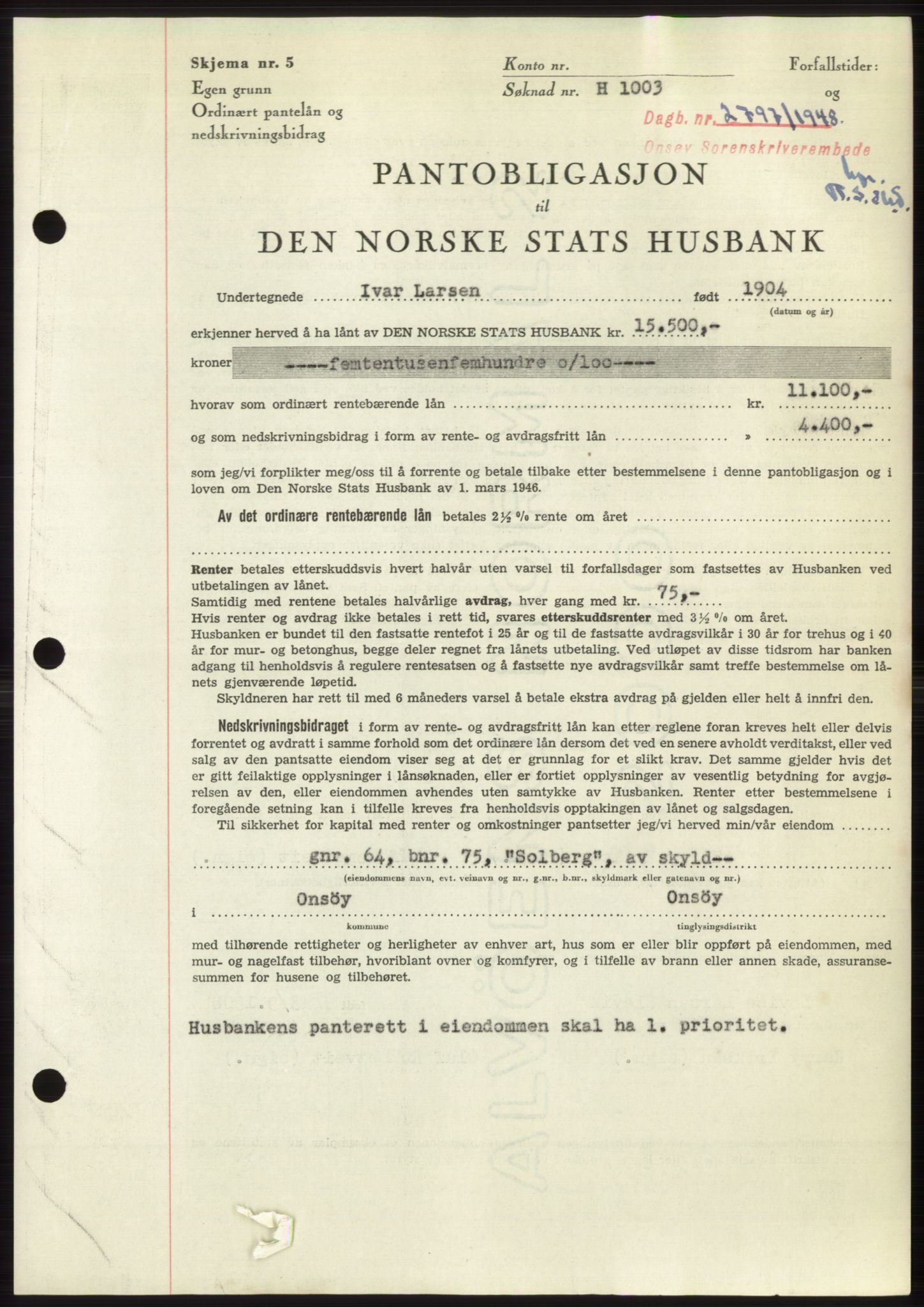Onsøy sorenskriveri, SAO/A-10474/G/Ga/Gac/L0007: Pantebok nr. B 14-7, 1948-1948, Dagboknr: 2797/1948