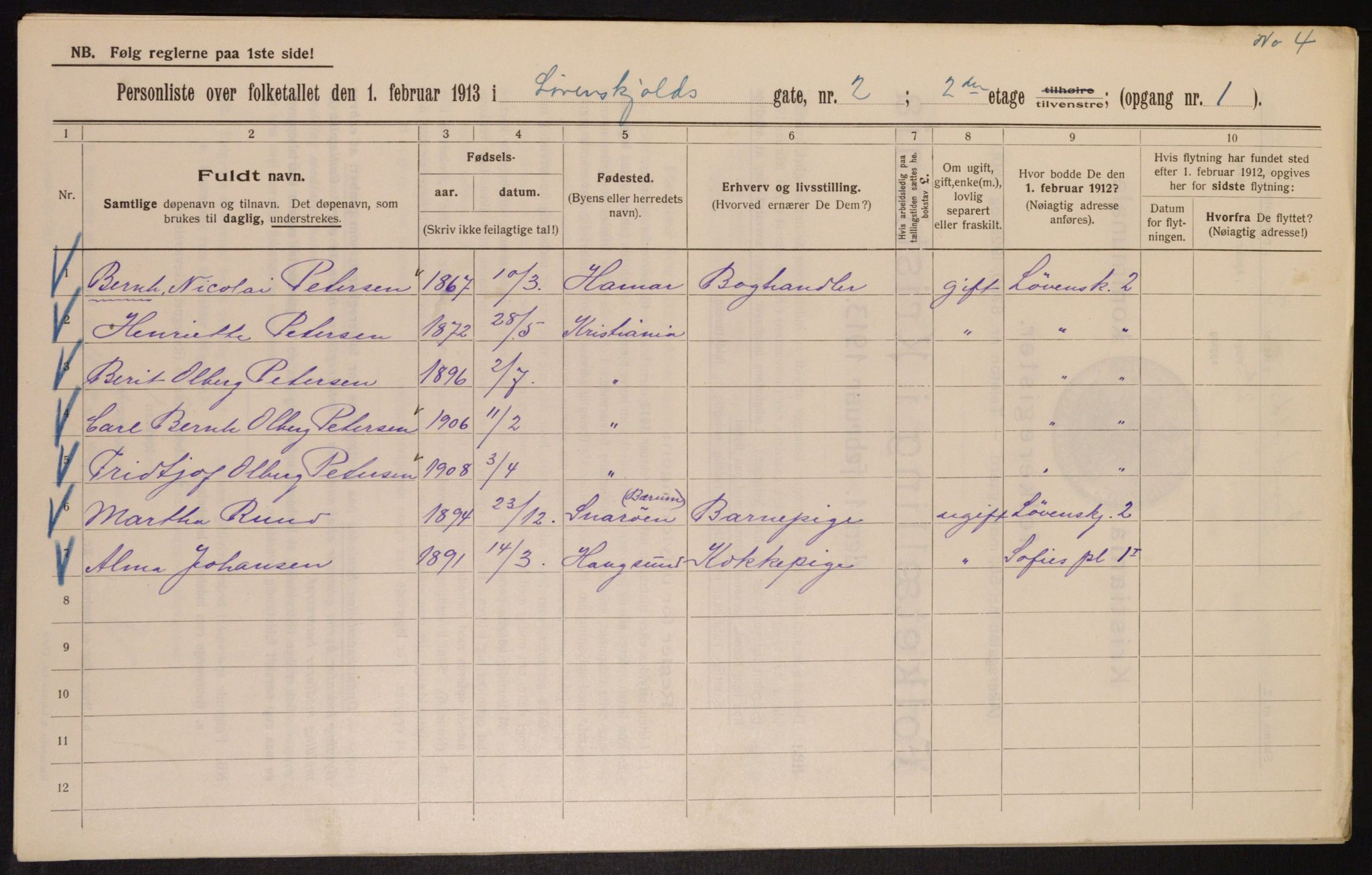 OBA, Kommunal folketelling 1.2.1913 for Kristiania, 1913, s. 58586