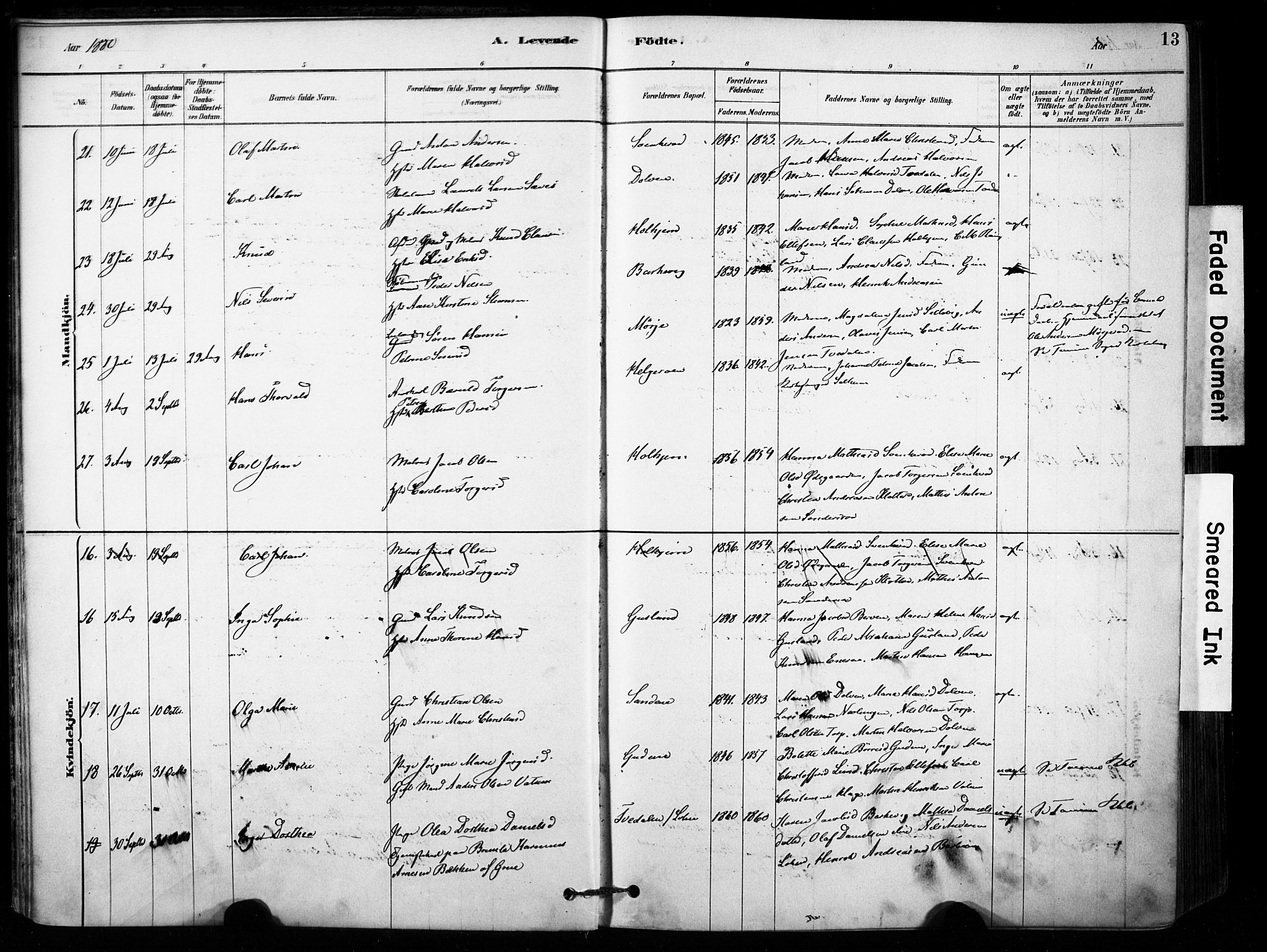 Brunlanes kirkebøker, AV/SAKO-A-342/F/Fb/L0001: Ministerialbok nr. II 1, 1878-1899, s. 13