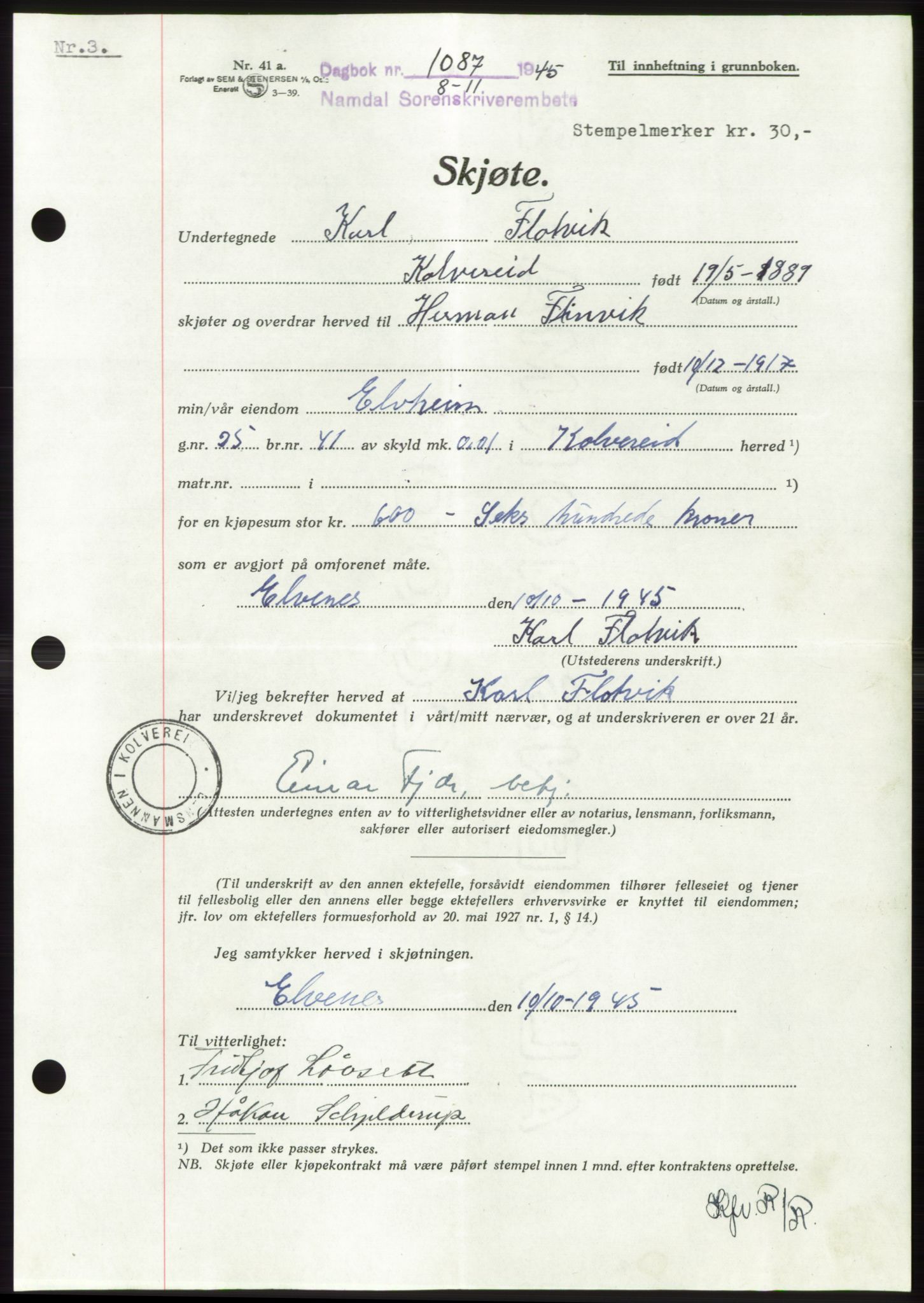 Namdal sorenskriveri, SAT/A-4133/1/2/2C: Pantebok nr. -, 1944-1945, Dagboknr: 1087/1945