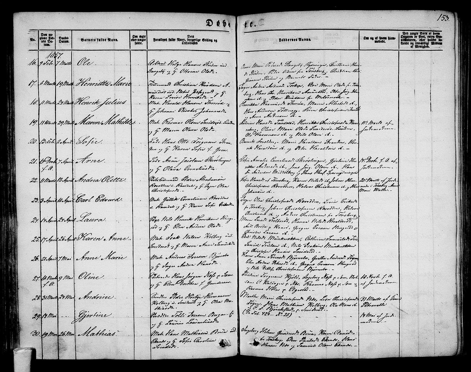 Nøtterøy kirkebøker, AV/SAKO-A-354/G/Ga/L0001: Klokkerbok nr. I 1, 1844-1859, s. 153