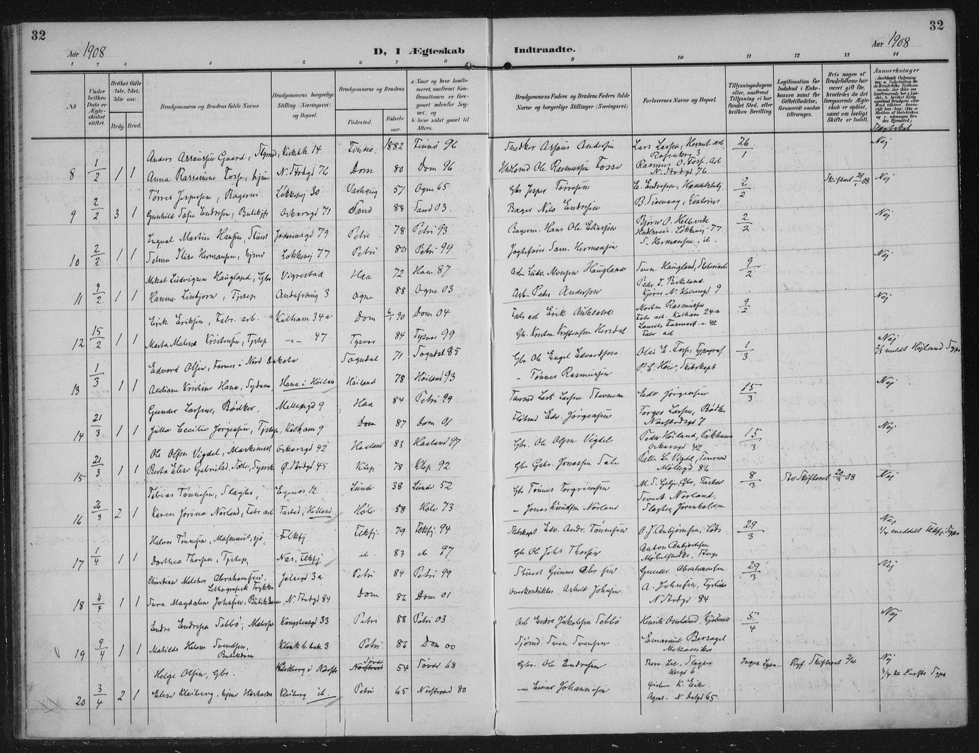 Domkirken sokneprestkontor, AV/SAST-A-101812/002/A/L0016: Ministerialbok nr. A 33, 1905-1922, s. 32