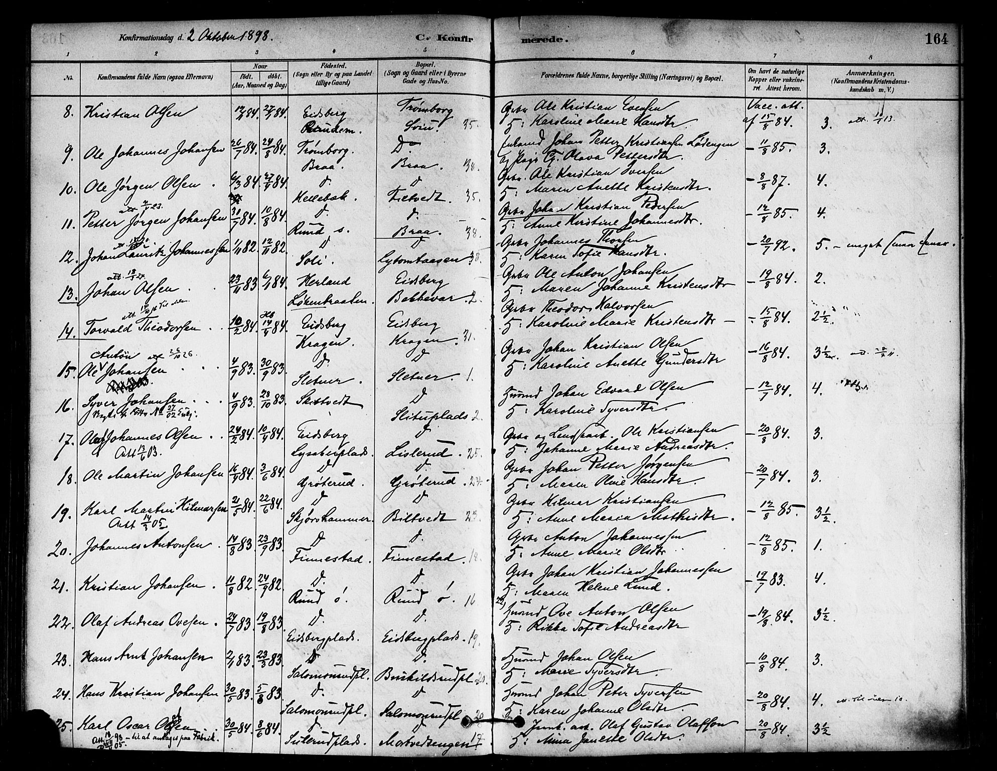 Eidsberg prestekontor Kirkebøker, AV/SAO-A-10905/F/Fa/L0012: Ministerialbok nr. I 12, 1879-1901, s. 164