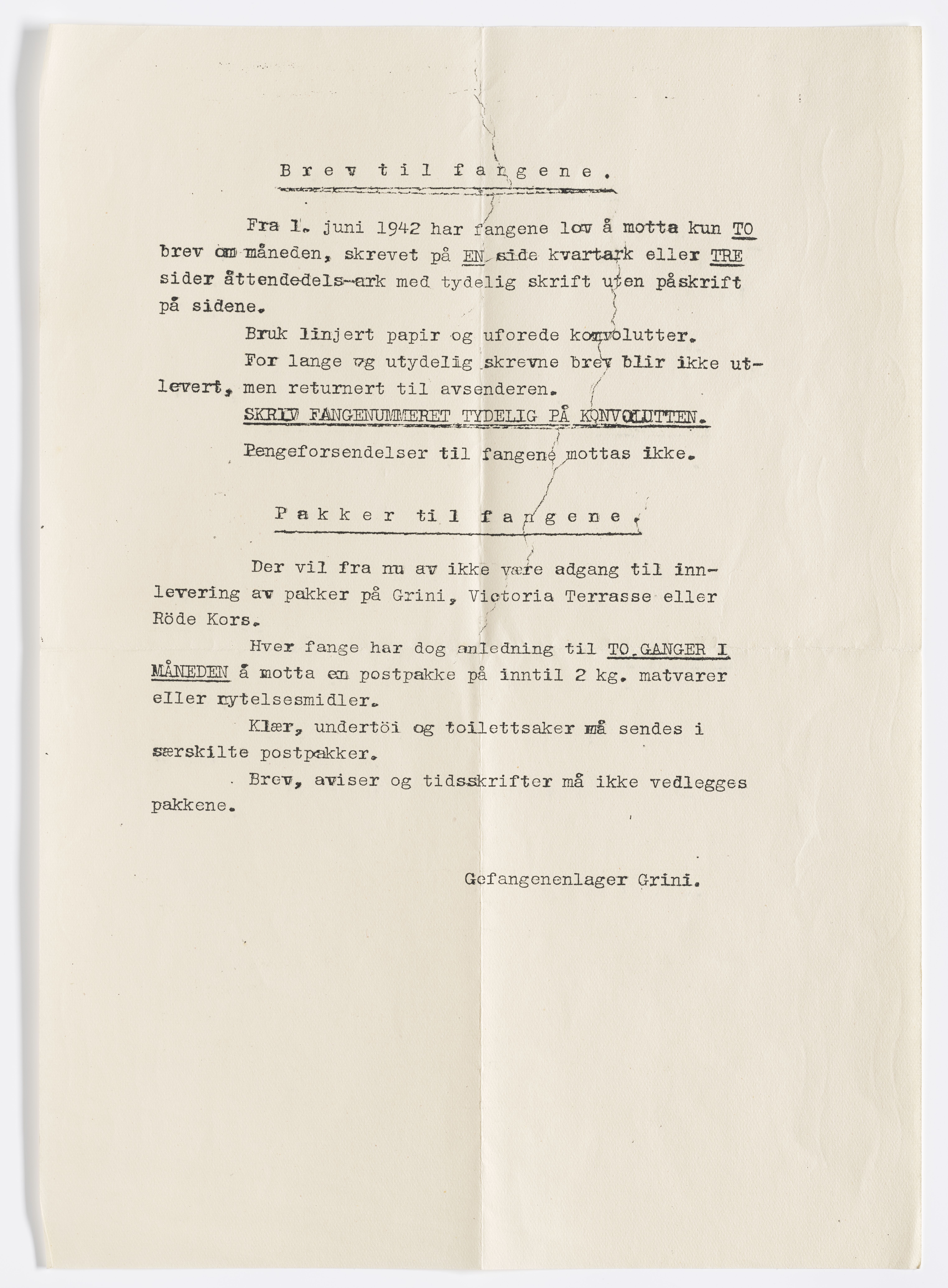Ingeborg Hoff, AFM/GRI-1016/D/Da/L0001/0010: Brev og dokumenter / Reglement, 1942